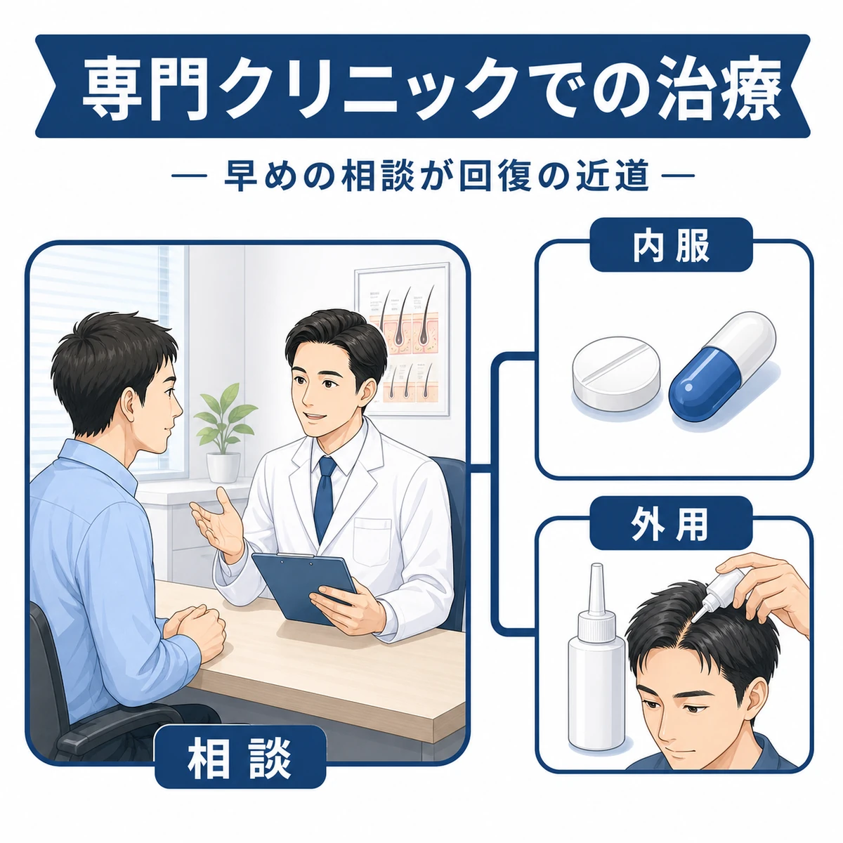 AGA専門クリニックでの相談と内服薬・外用薬による治療を表した医療イラスト