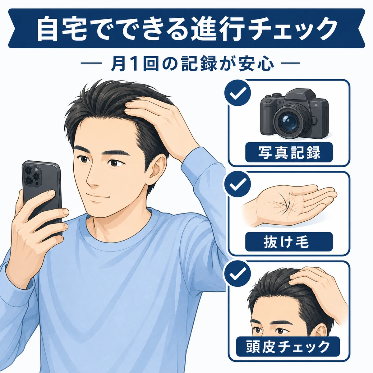 自宅でできる薄毛セルフチェックの方法を表した医療イラスト