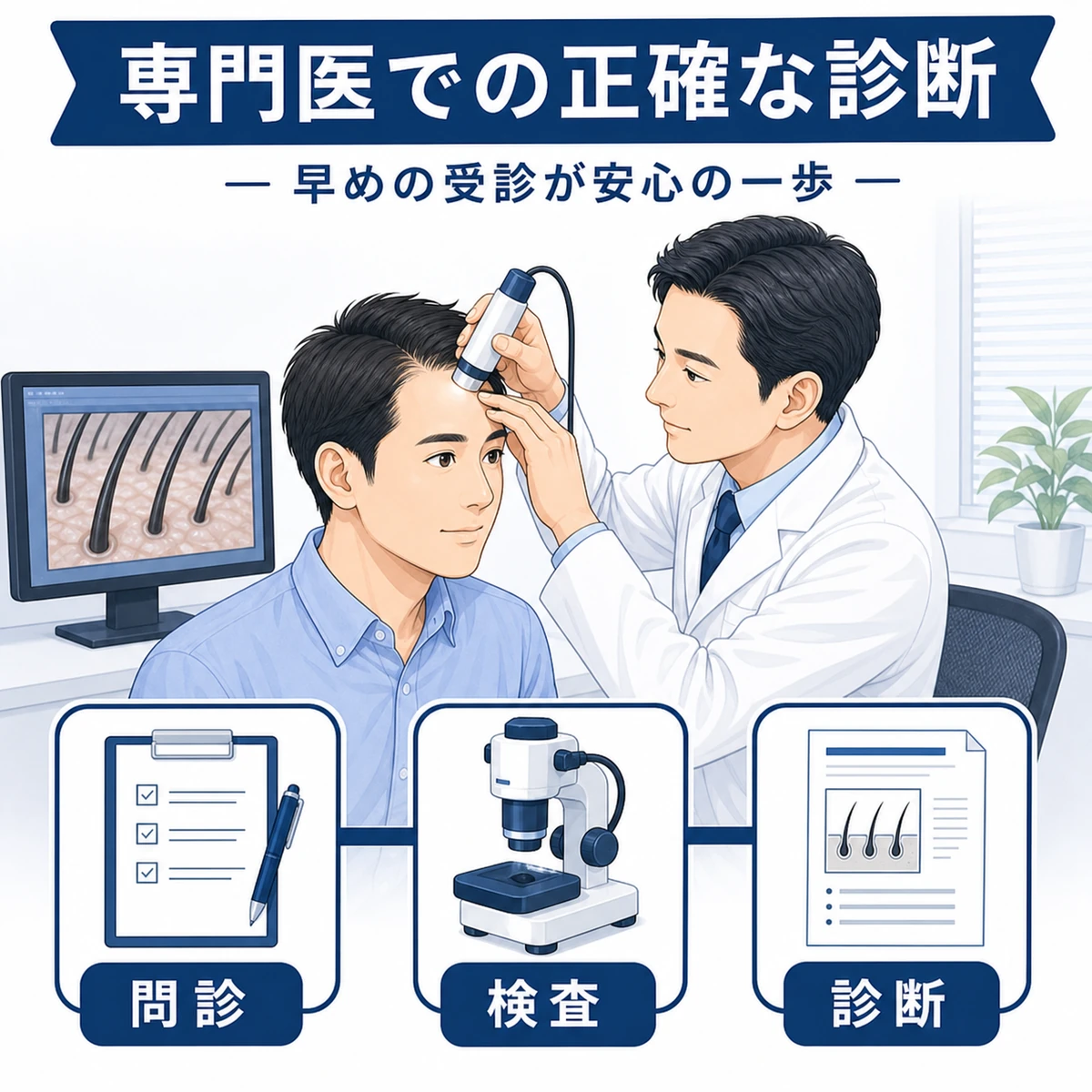 クリニックでの薄毛診断の様子を表した成人男性の医療イラスト