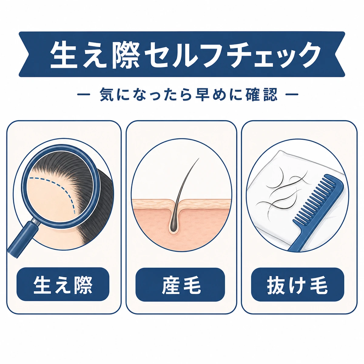 生え際の後退を確かめるセルフチェックの方法を示した医療イラスト