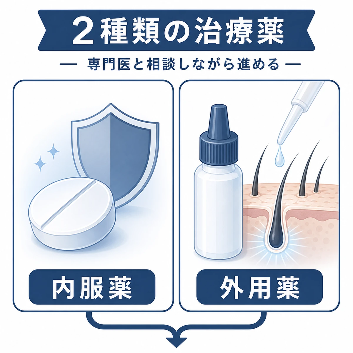 フィナステリドとミノキシジルの役割の違いを表した医療イラスト