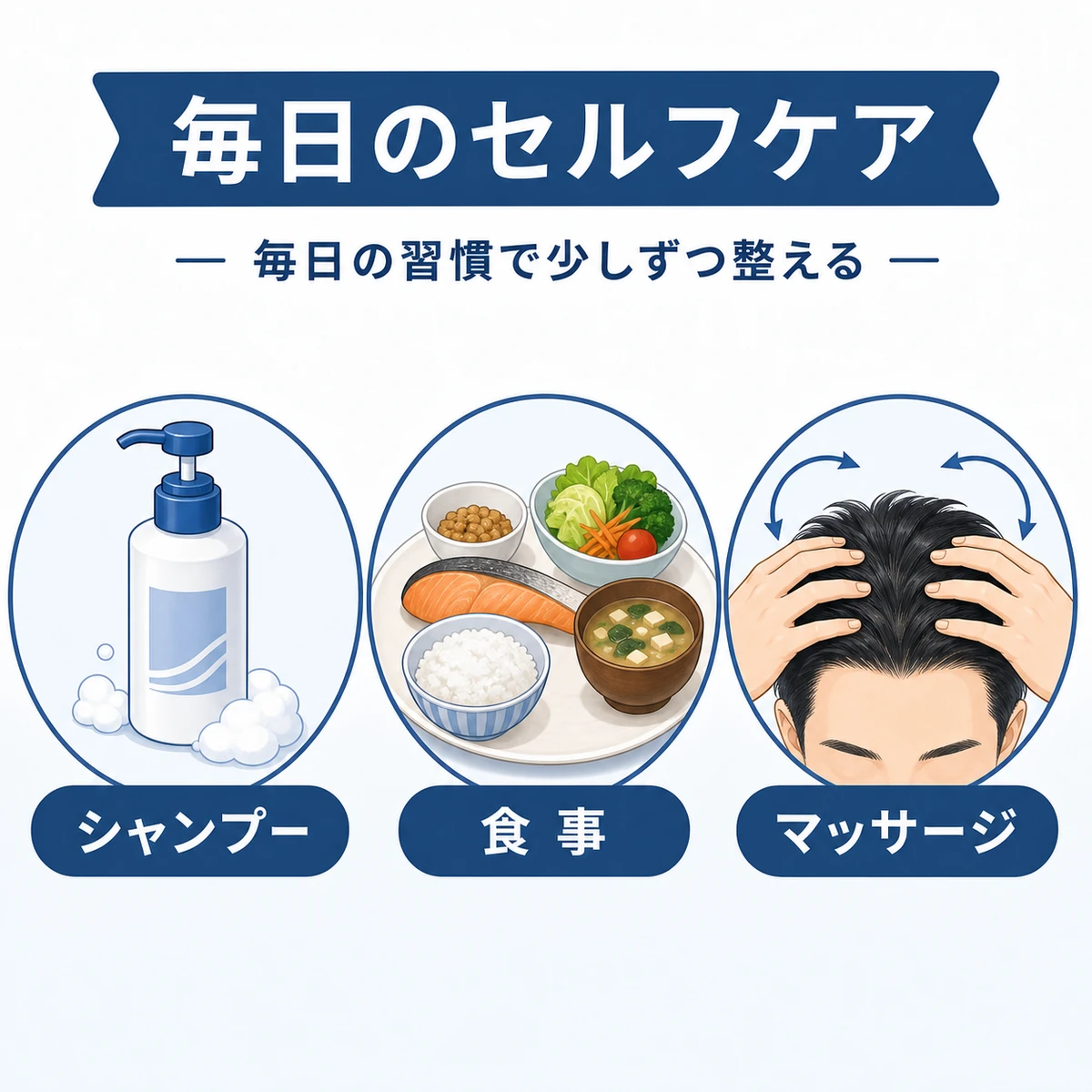 毎日続けたいM字はげ対策のセルフケア習慣を描いた医療イラスト