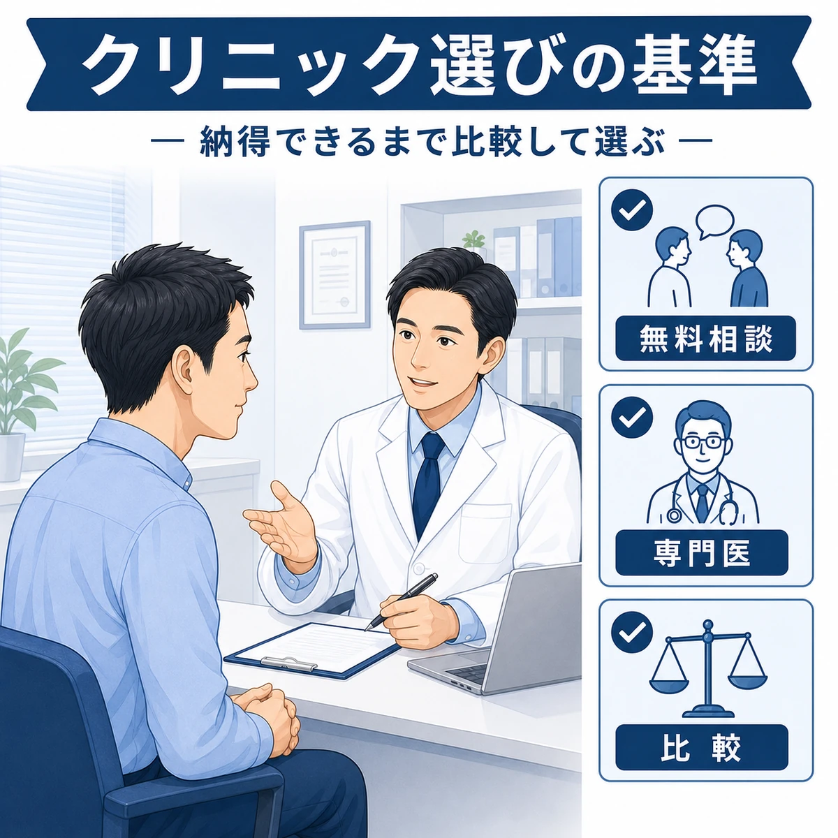 M字はげ治療でクリニックを選ぶときの基準を表した医療イラスト