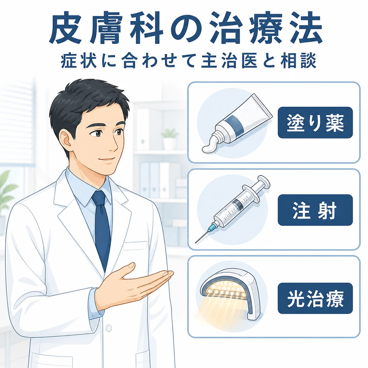 塗り薬や注射など皮膚科で受けられる円形脱毛症の治療法を並べた医療イラスト