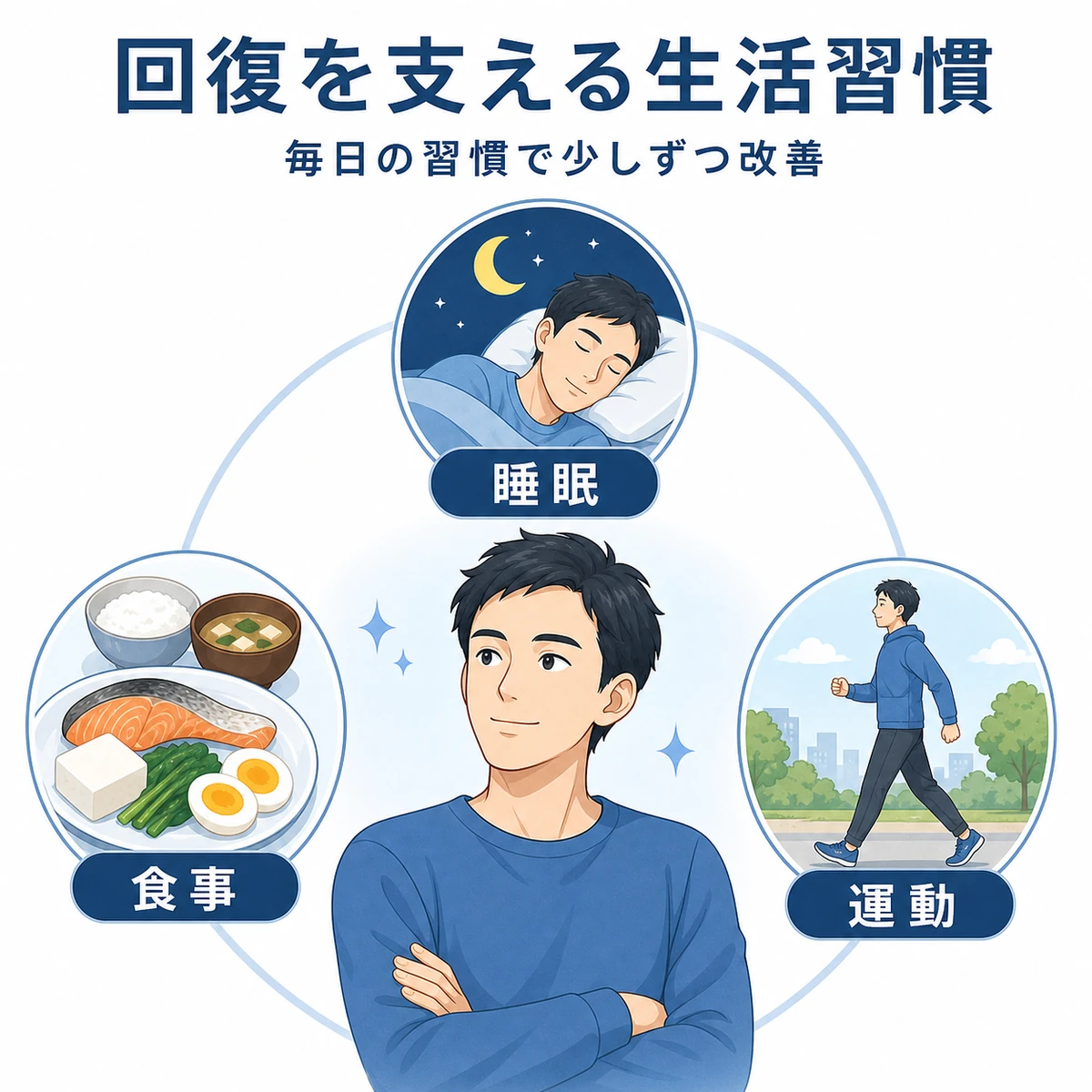 睡眠や食事など円形脱毛症の回復を後押しする生活習慣を表した医療イラスト