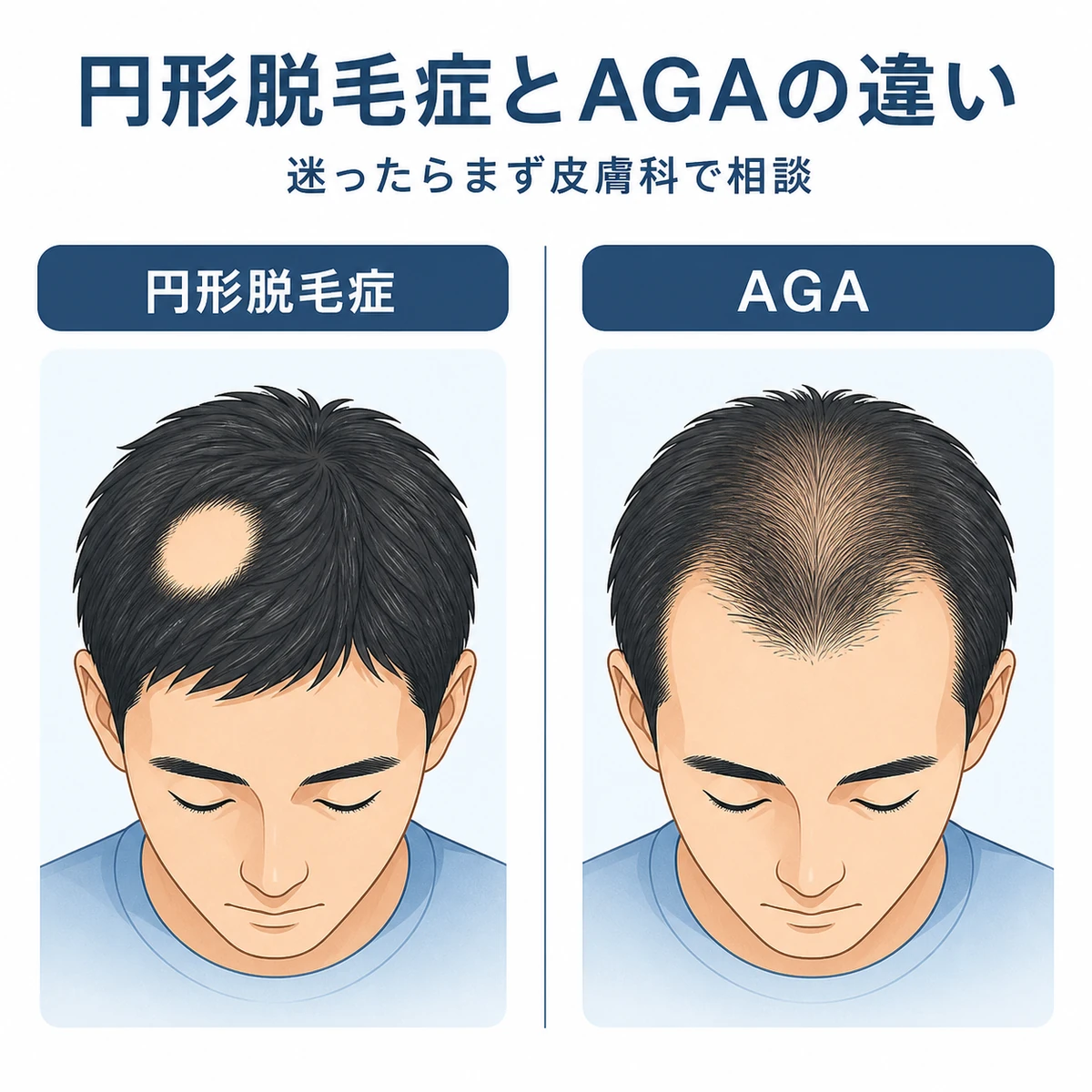 円形脱毛症とAGAの脱毛パターンの違いを左右で比べた医療イラスト