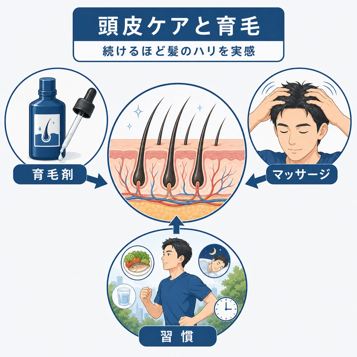 育毛剤とマッサージと生活習慣で頭皮環境を整える頭皮ケアの仕組みを表した医療イラスト