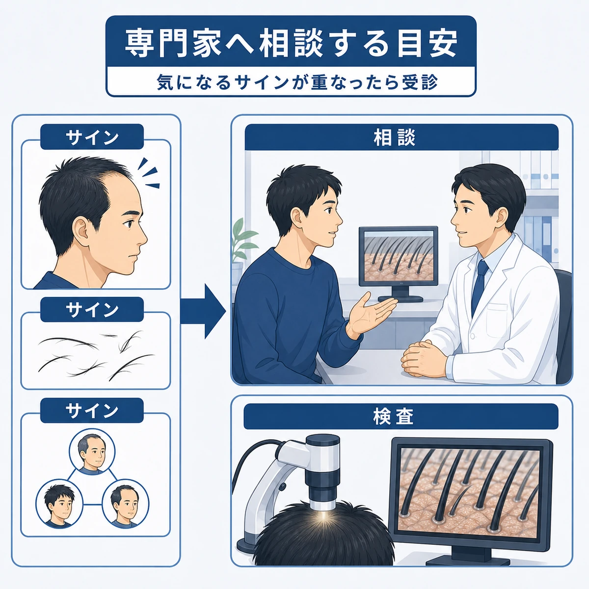 受診を検討すべきサインと専門機関での相談の流れを成人男性とともに表した医療イラスト