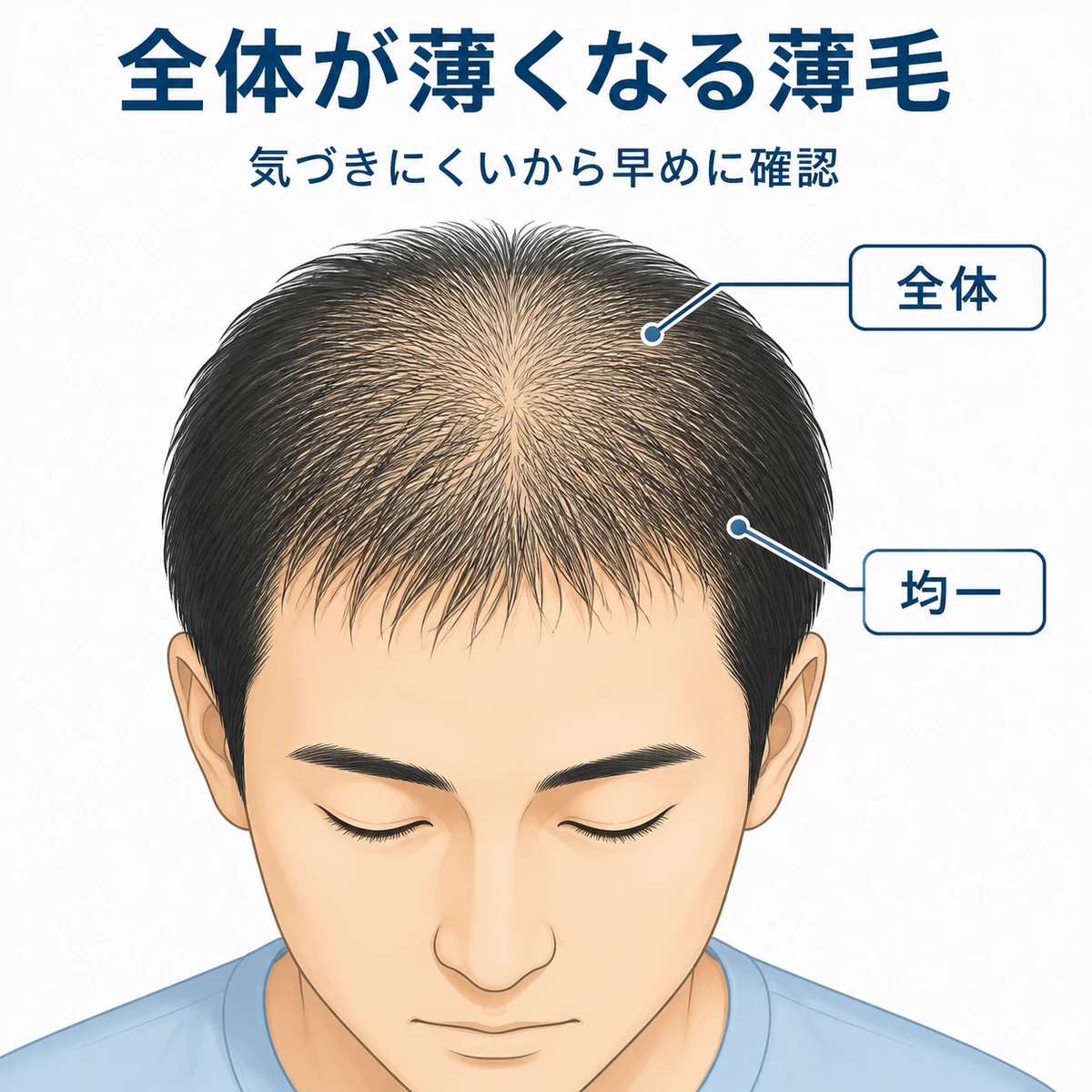 頭部全体が均一に薄くなる男性のびまん性脱毛症の特徴を表した医療イラスト