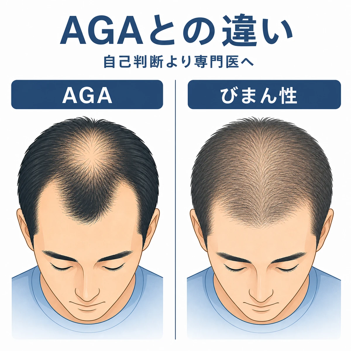 AGAとびまん性脱毛症で薄くなる範囲の違いを左右で比べた男性向けの医療イラスト