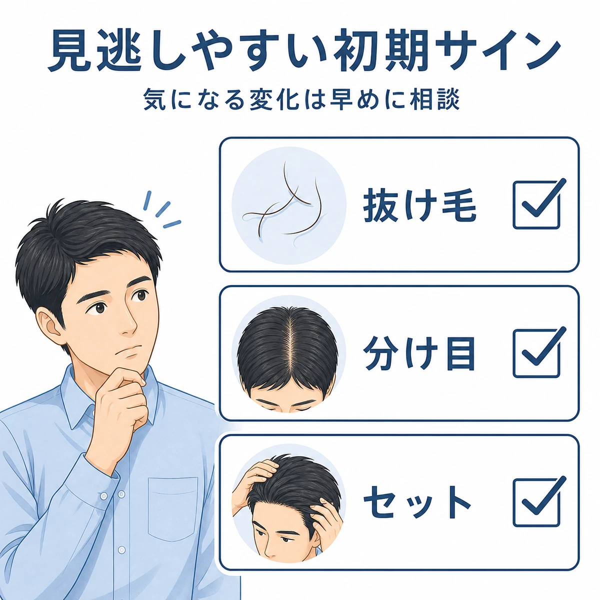 抜け毛や分け目の広がりなど男性が気づきたい初期サインをまとめた医療イラスト