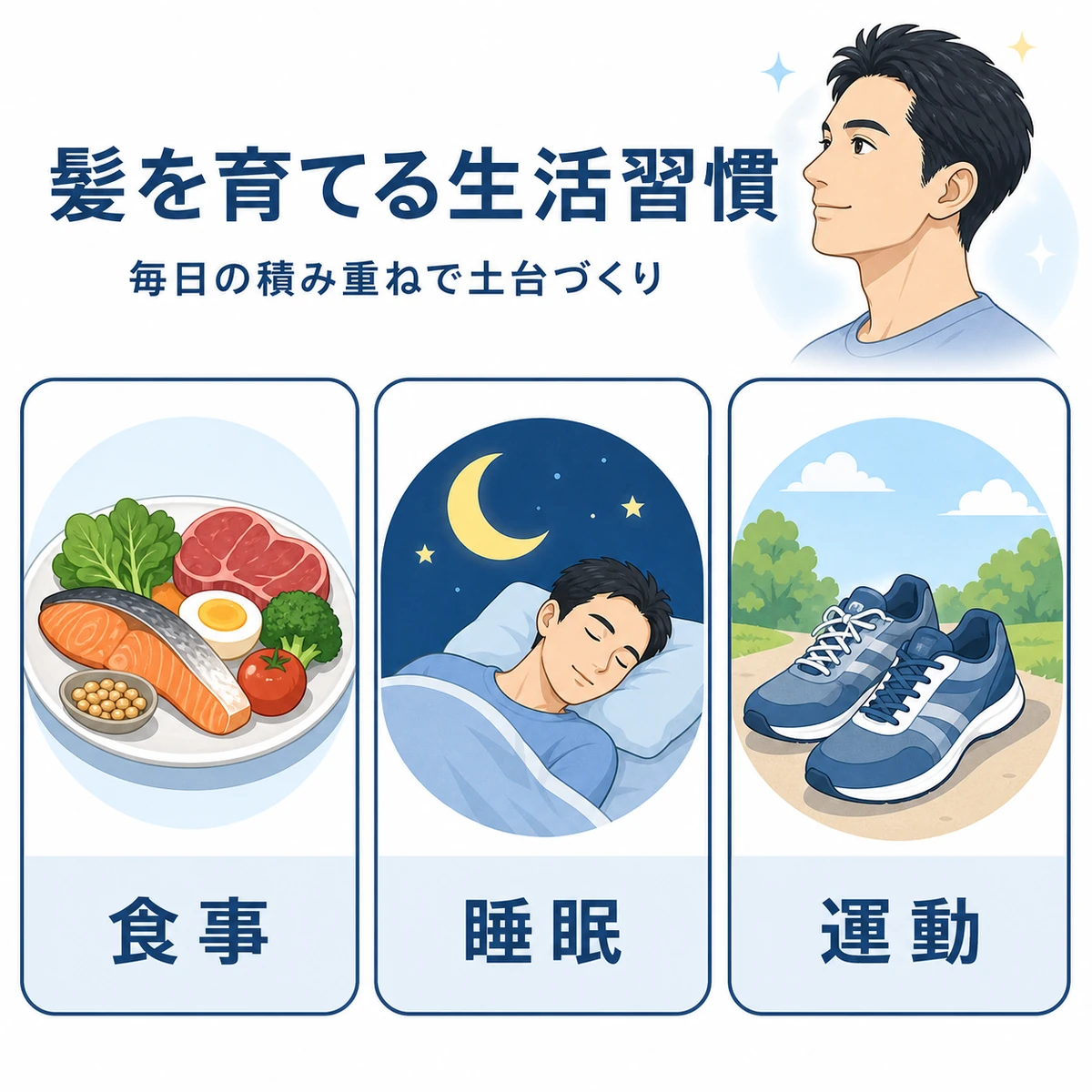 食事と睡眠と運動で髪の土台を整える男性向けの生活習慣を表した医療イラスト