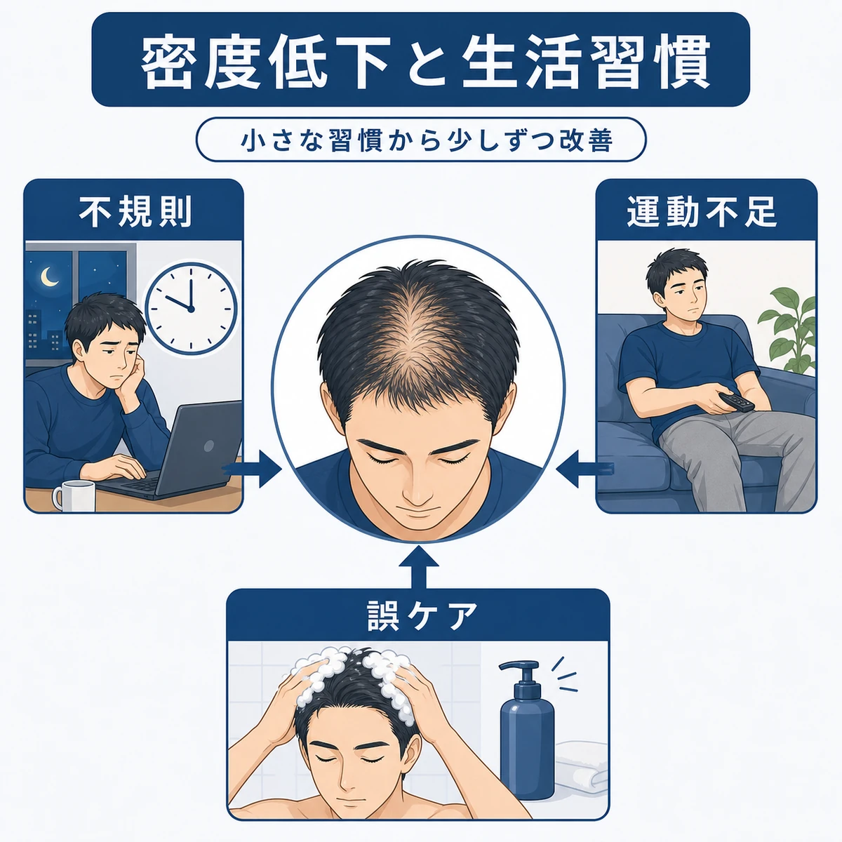 不規則な生活や運動不足など生活習慣の乱れが頭皮の密度低下につながる関係を表した医療イラスト