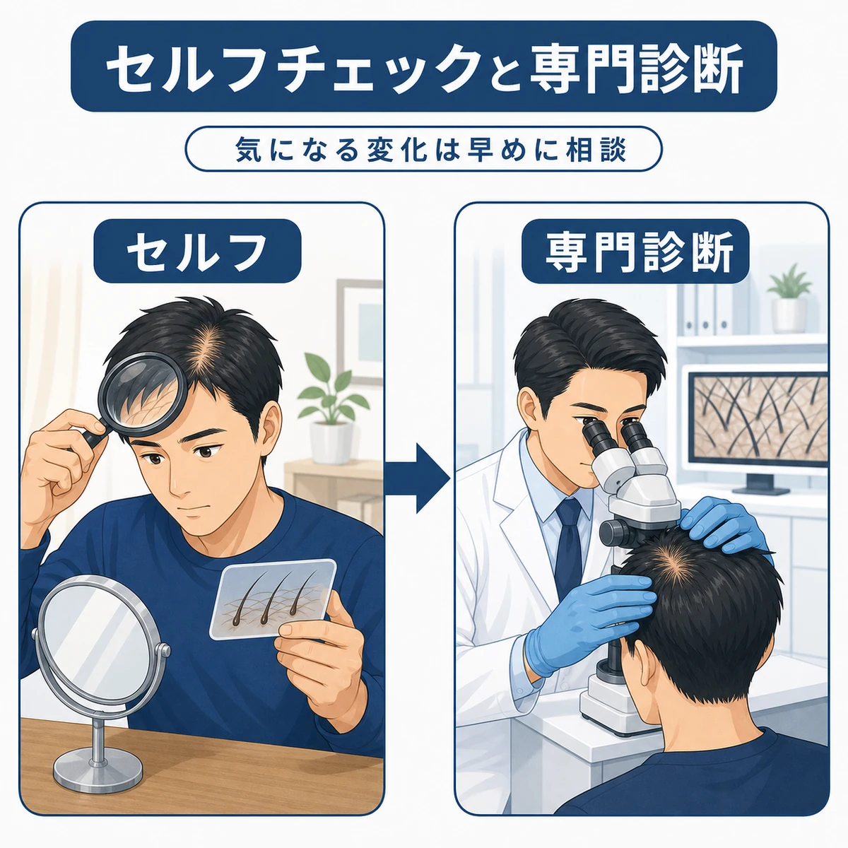 男性が自宅でのセルフチェックと専門機関の診断で頭皮の状態を確認する流れを表した医療イラスト