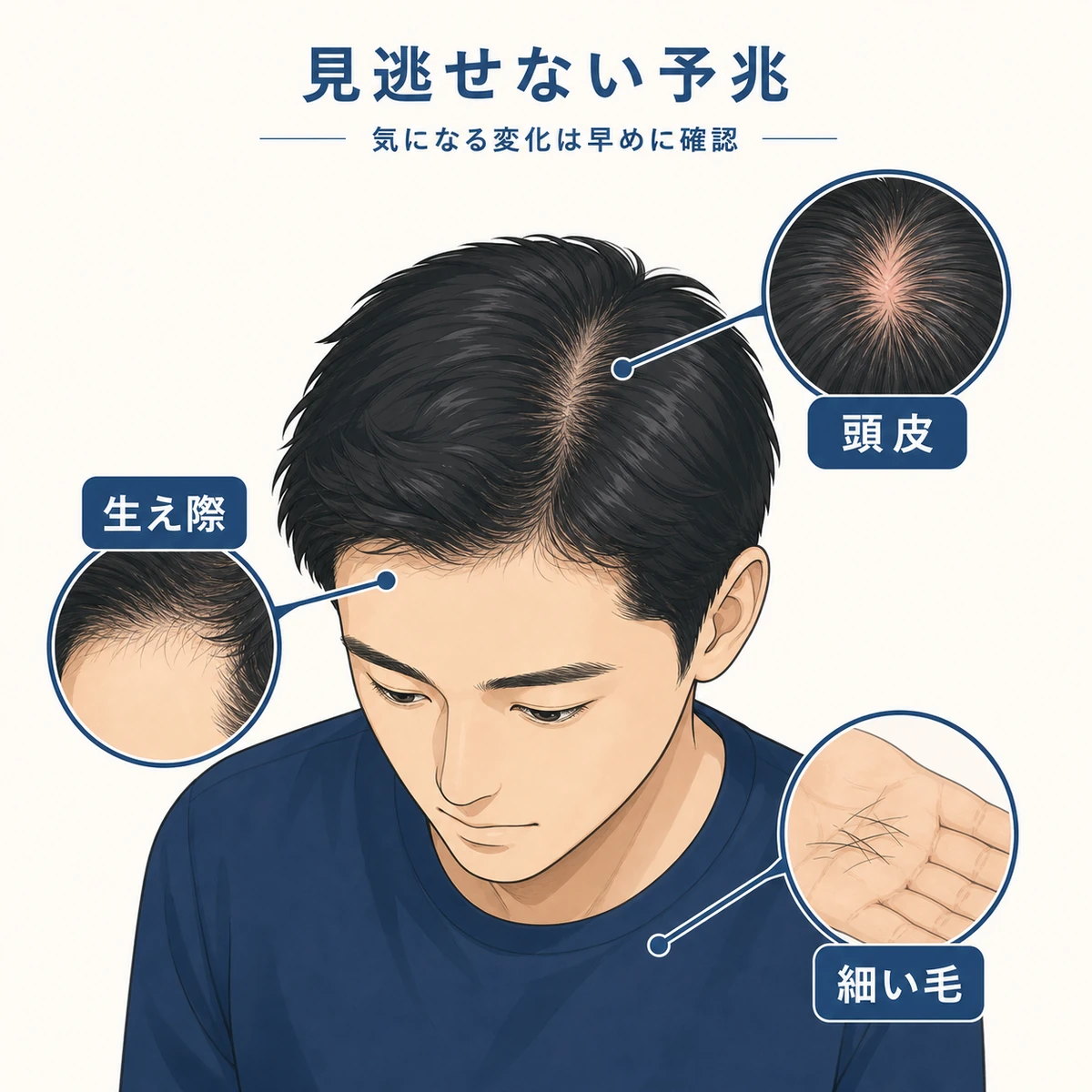 成人男性の頭部に薄毛の初期サインを引き出し線で示した医療イラスト