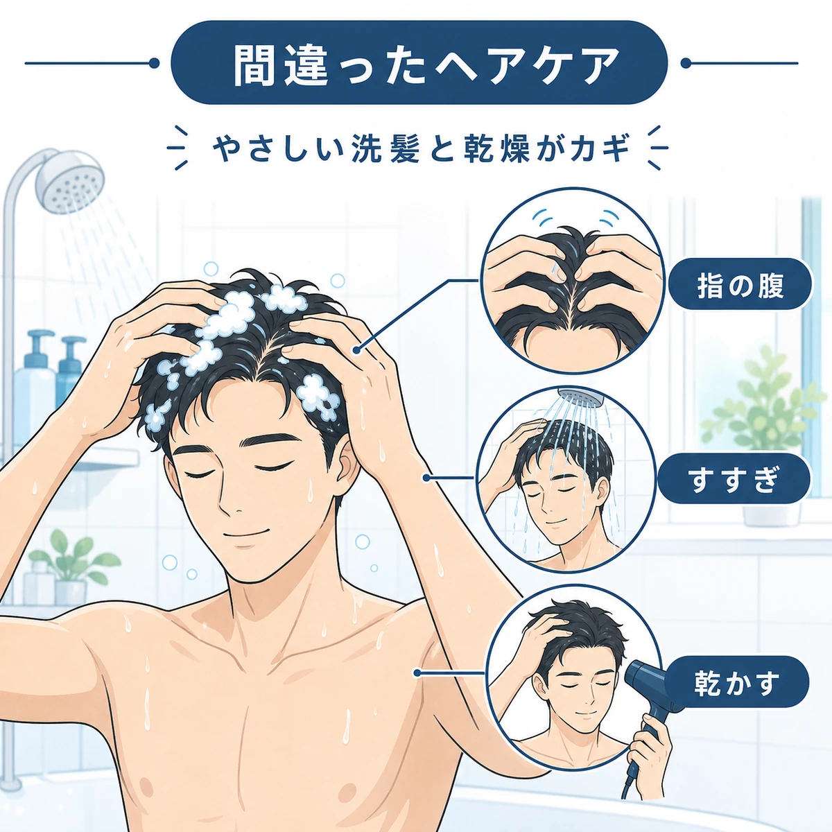 指の腹でやさしく洗いしっかりすすいで乾かす正しいヘアケアのポイントを表した医療イラスト