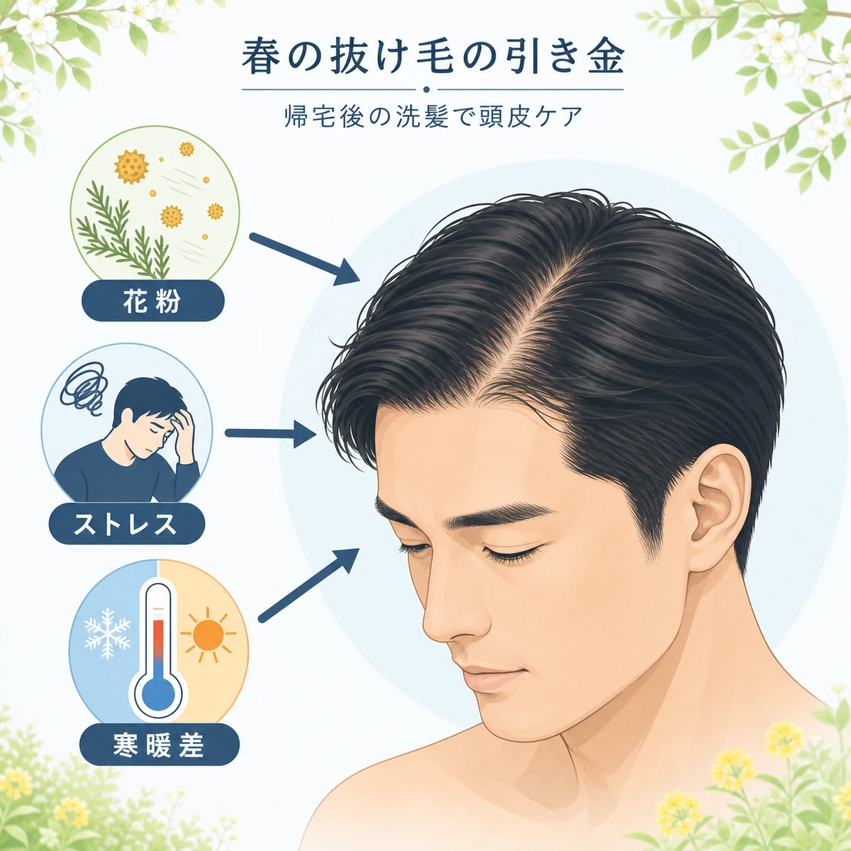花粉やストレスなど春の要因が成人男性の頭皮に影響する流れを表した医療イラスト