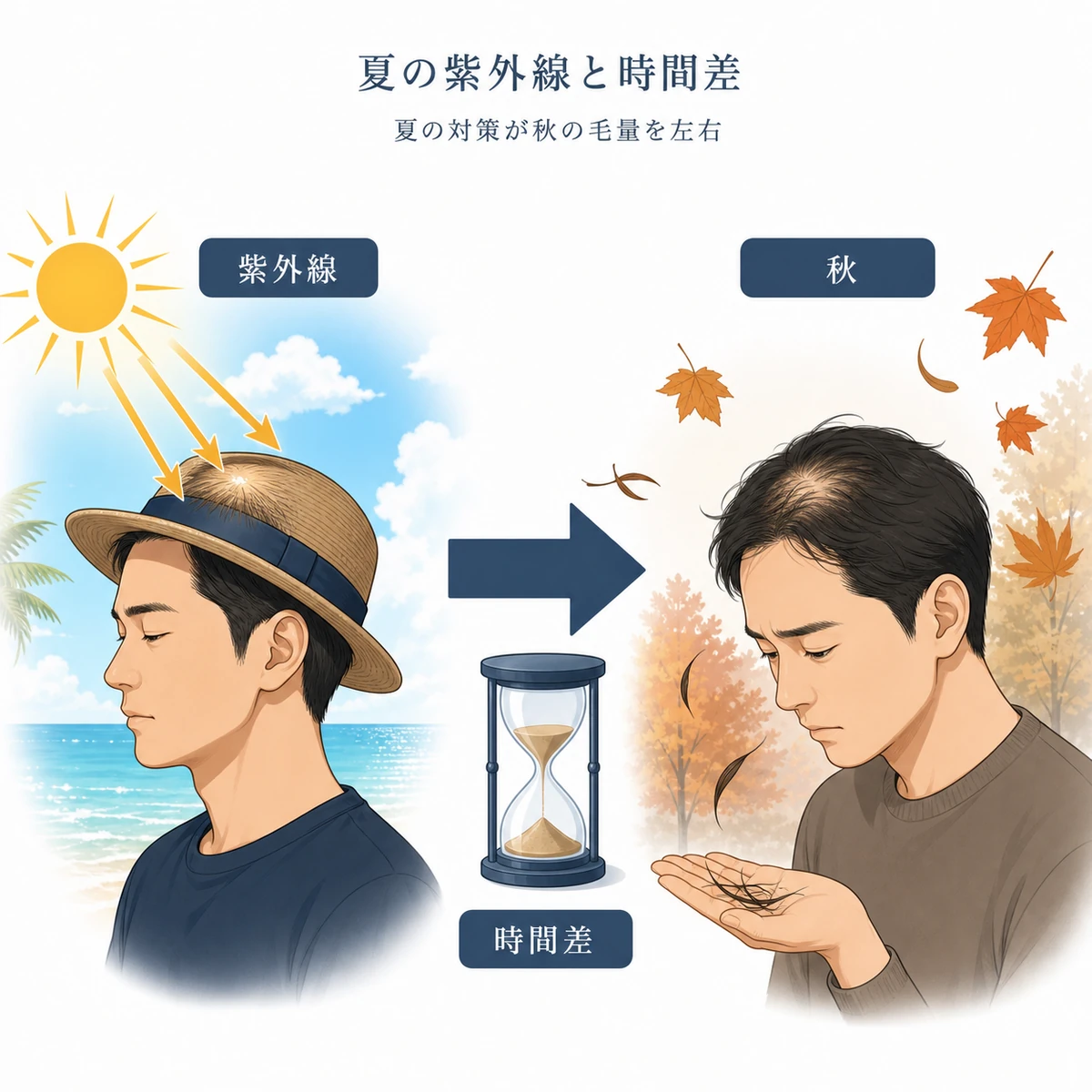 夏の紫外線ダメージが時間差で秋の抜け毛につながる流れを示した医療イラスト