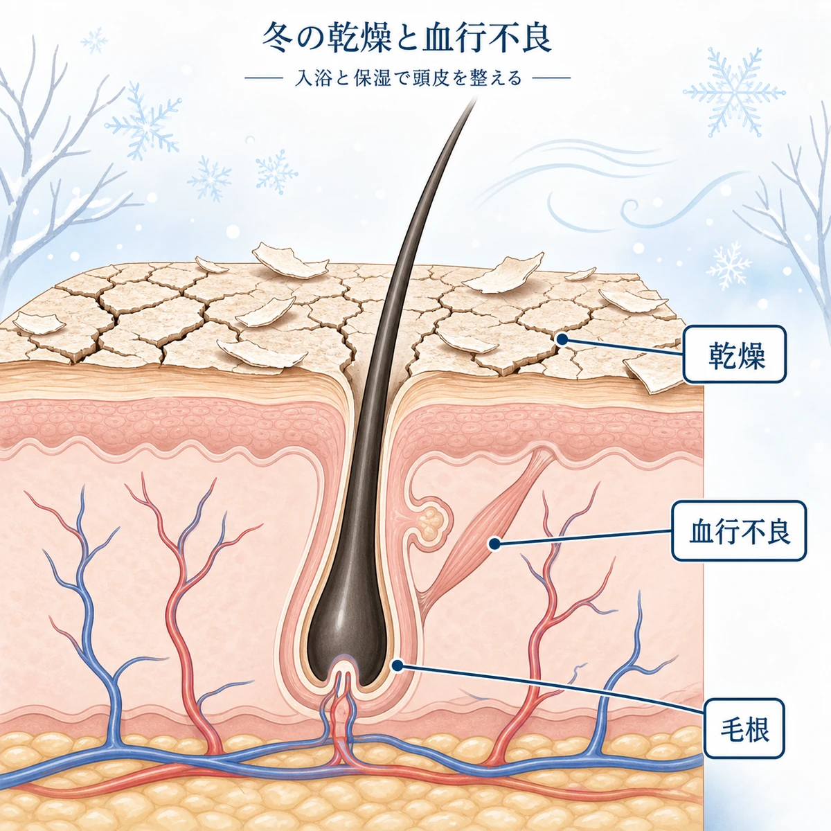 冬の乾燥と血行不良が頭皮環境を悪化させる様子を断面で表した医療イラスト