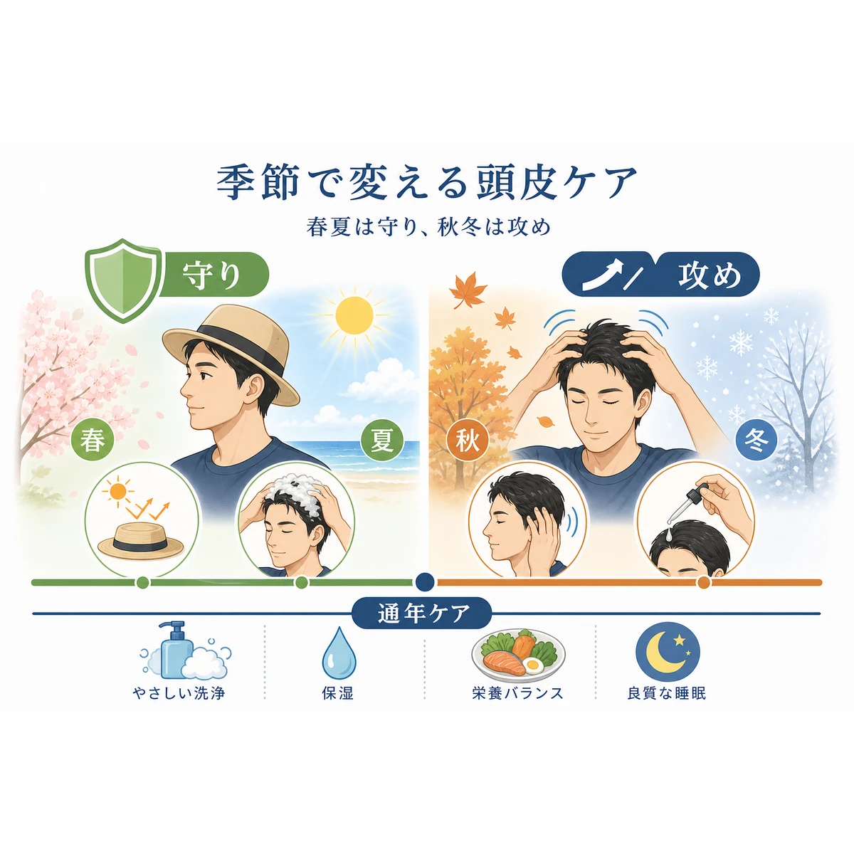 春夏の守りと秋冬の攻めという季節別の頭皮ケアの違いを表した医療イラスト