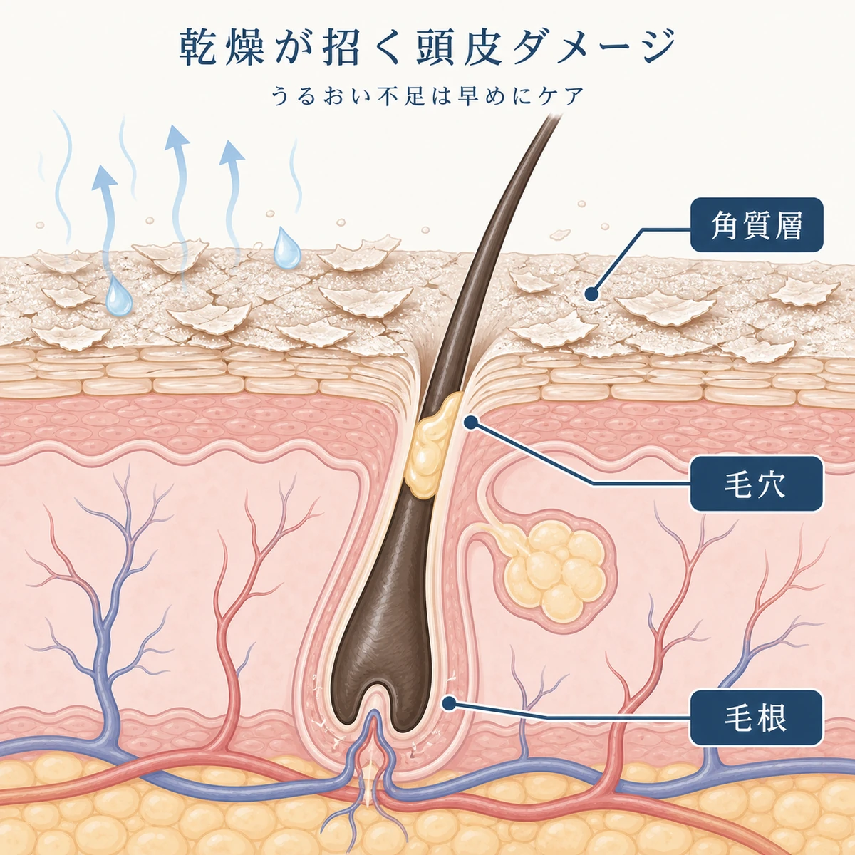 冬の乾燥で水分を失った頭皮の角質層と毛穴のしくみを表した医療イラスト