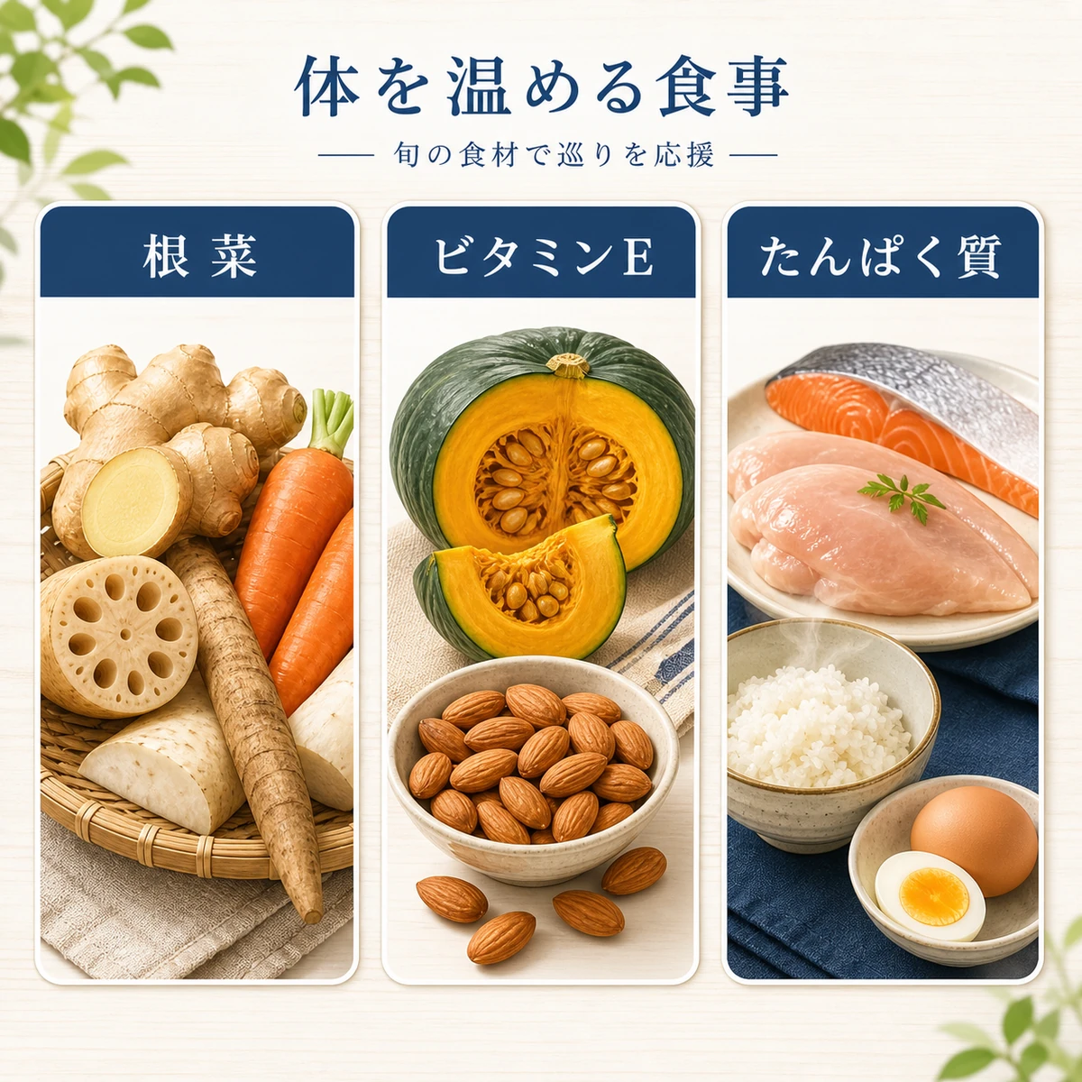 根菜やビタミンE、良質なタンパク質など体を内側から温める冬の食材を分類した医療イラスト