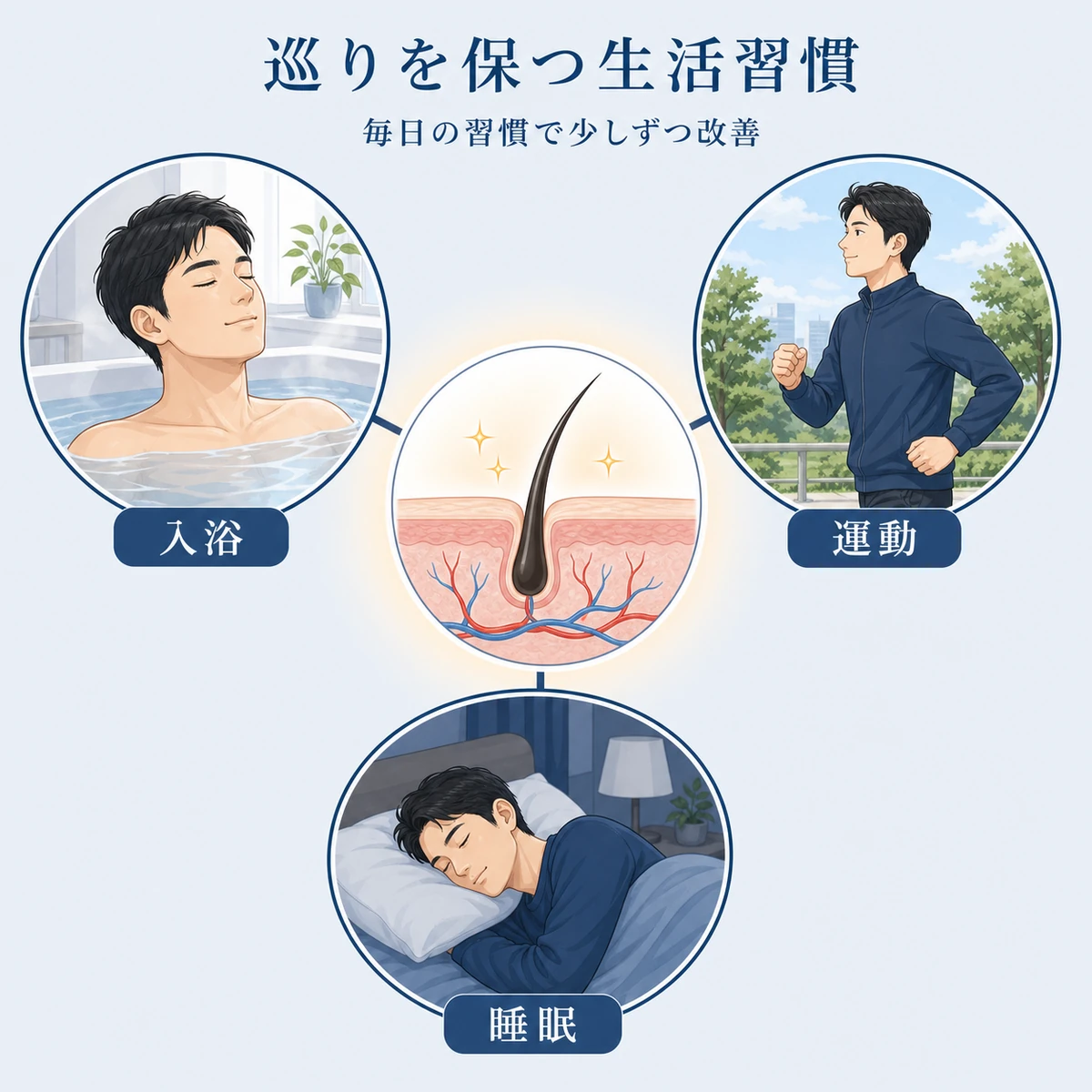 入浴と運動と睡眠が頭皮の血行を支える関係を中心から放射状に表した医療イラスト