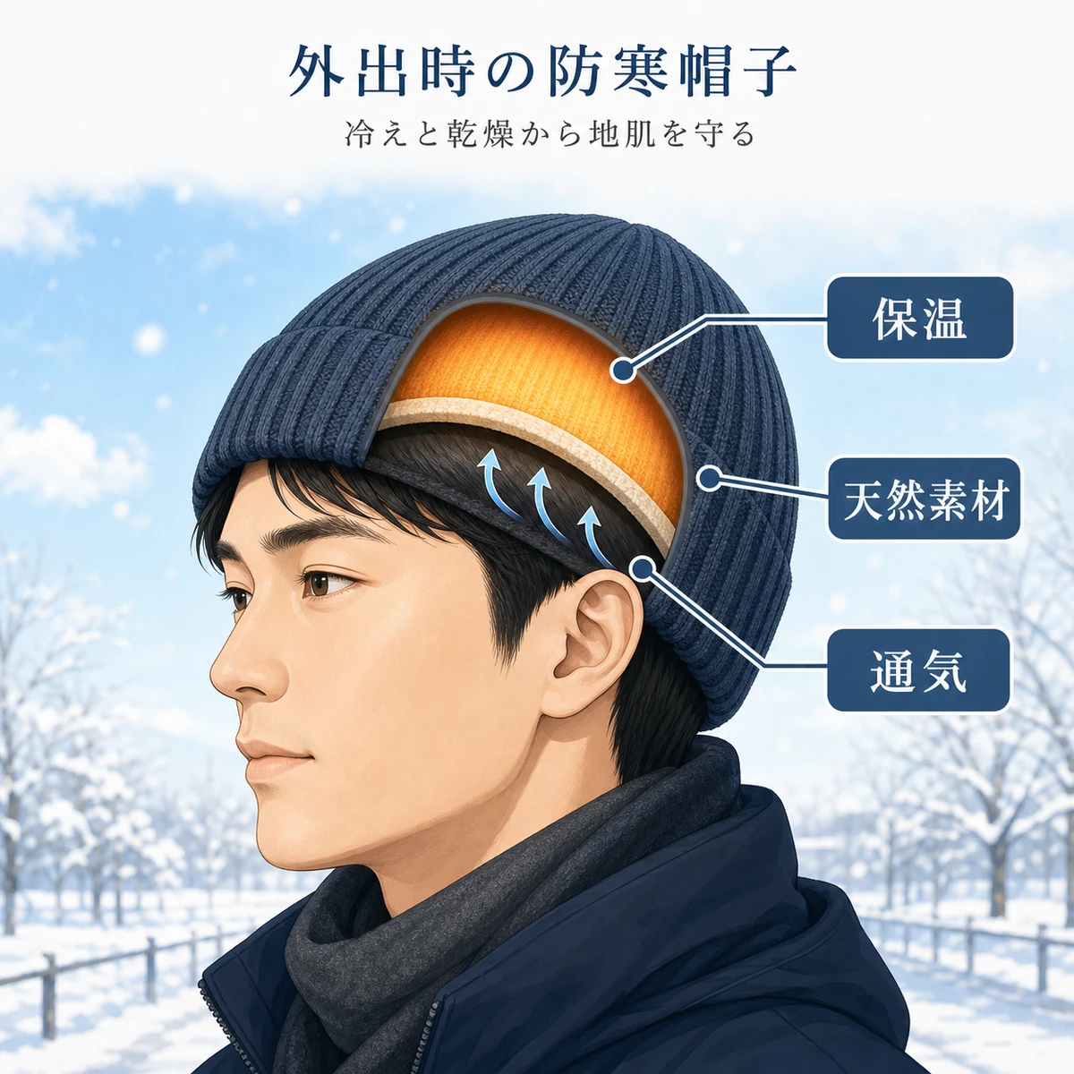 成人男性が天然素材の帽子で頭皮を冷気から守る冬の防寒対策を表した医療イラスト