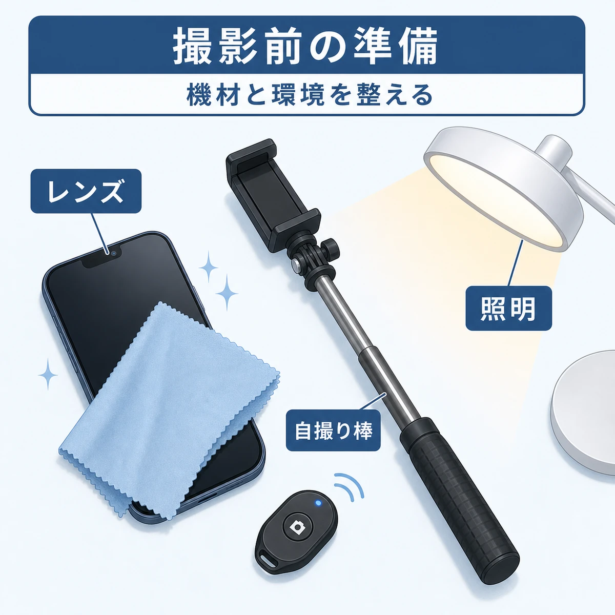 セルフチェック撮影に使う機材と照明環境の準備をまとめた医療イラスト