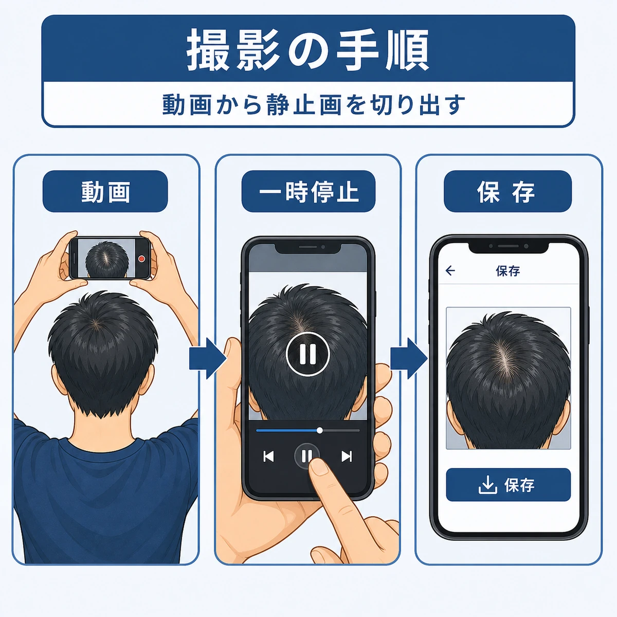 動画から静止画を切り出すスマホ撮影手順を段階的に並べた医療イラスト