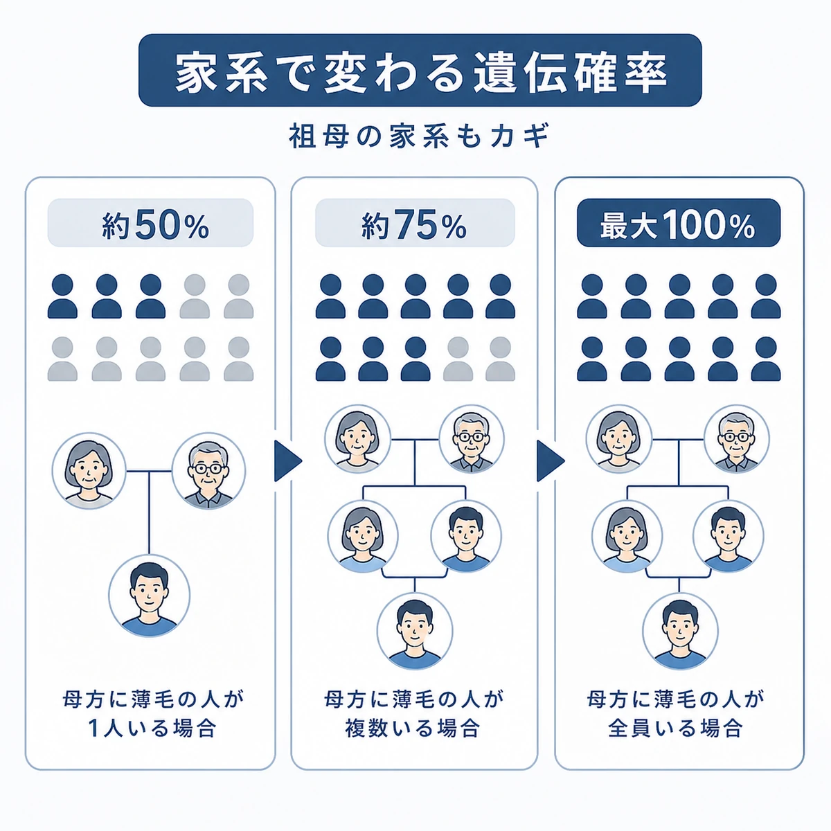 母方の家系パターンごとに変わる薄毛の遺伝確率をアイコンで比べた医療イラスト
