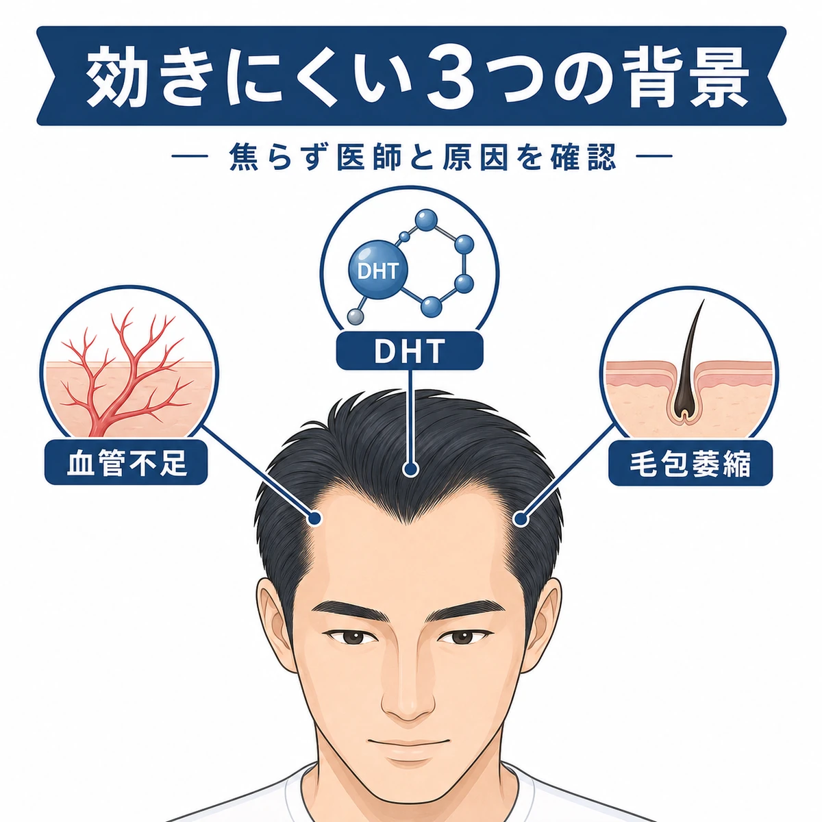 M字はげでミノキシジルの効果を感じにくい主な原因を示した医療イラスト