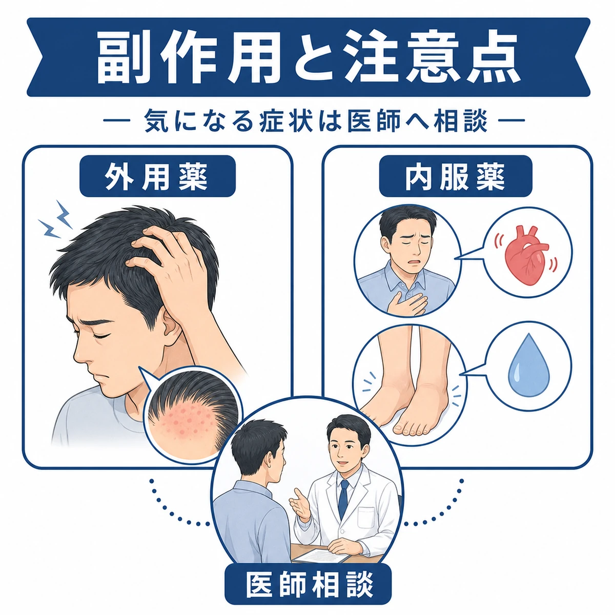 ミノキシジルの外用薬と内服薬で異なる副作用と相談の目安を表した医療イラスト
