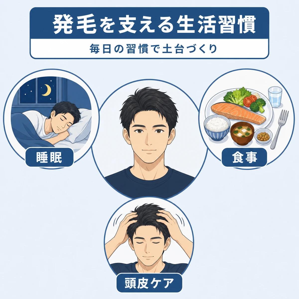 発毛を支える睡眠や食事や頭皮ケアの生活習慣を描いた医療イラスト