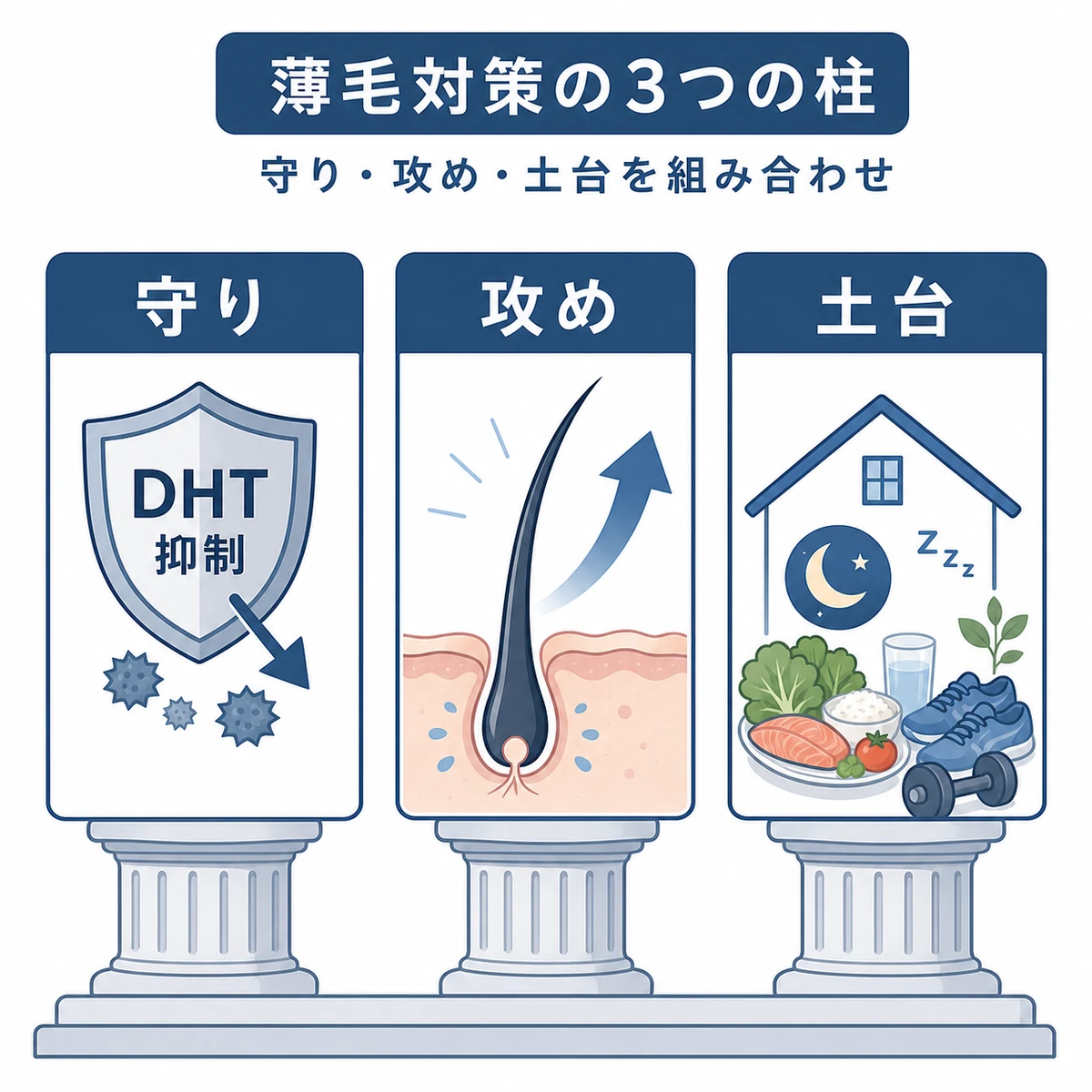 DHT抑制と発毛促進と生活改善を組み合わせた薄毛対策の方向性を表した医療イラスト