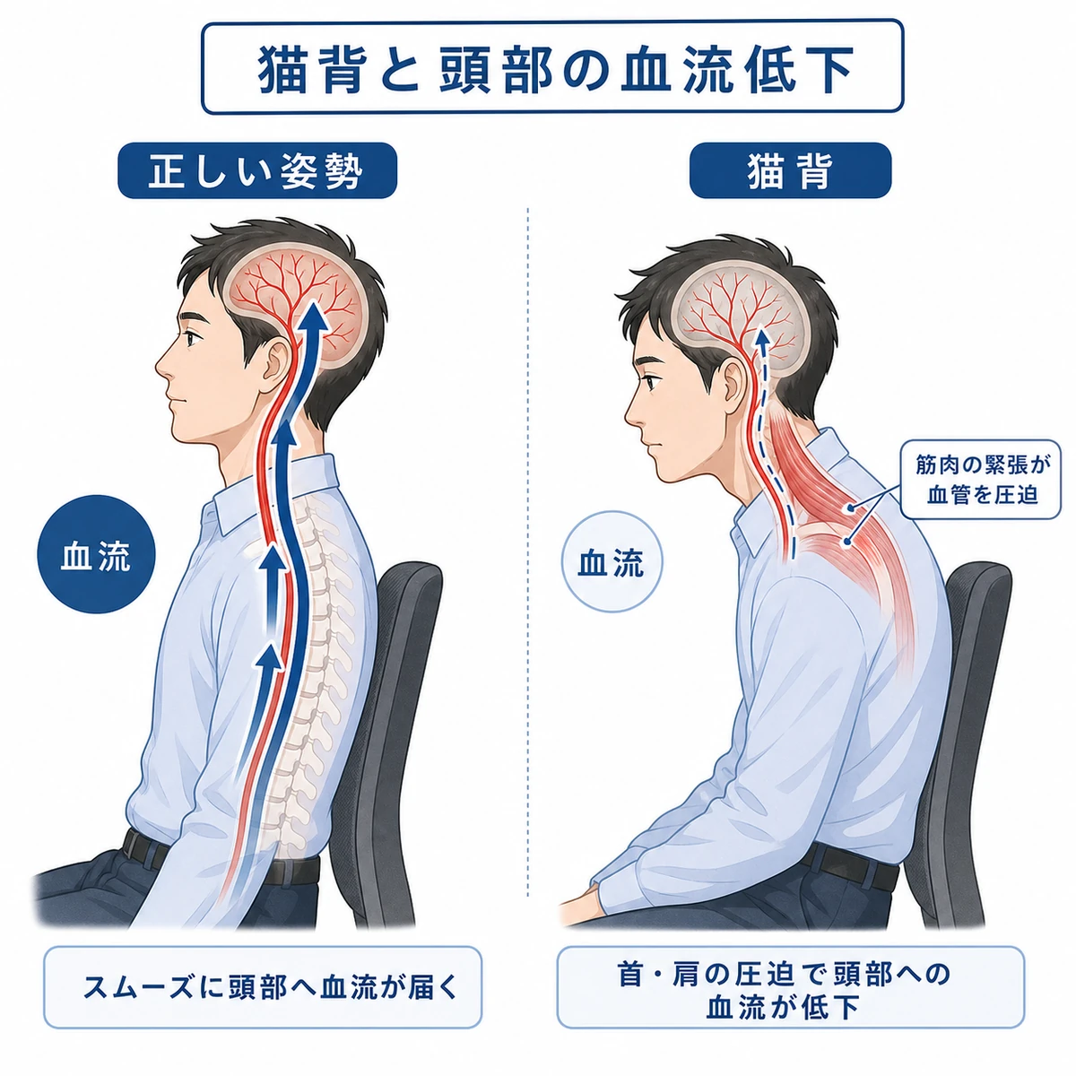 正しい姿勢と猫背で頭部への血流が変わる違いを表した医療イラスト
