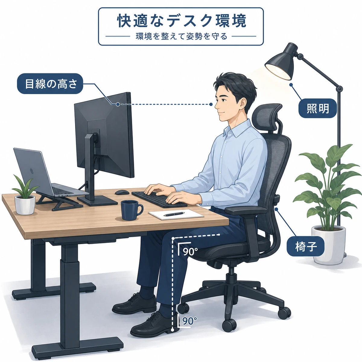 モニターの高さや椅子を整えたデスクワーク環境を表した医療イラスト