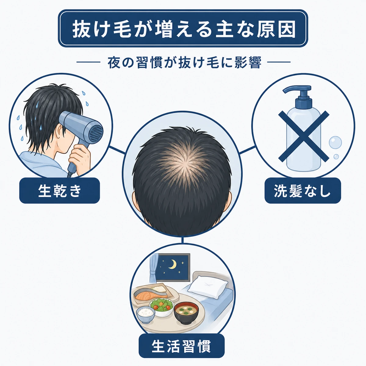 頭皮を中心に抜け毛が増える生活習慣の原因をつないだ医療イラスト