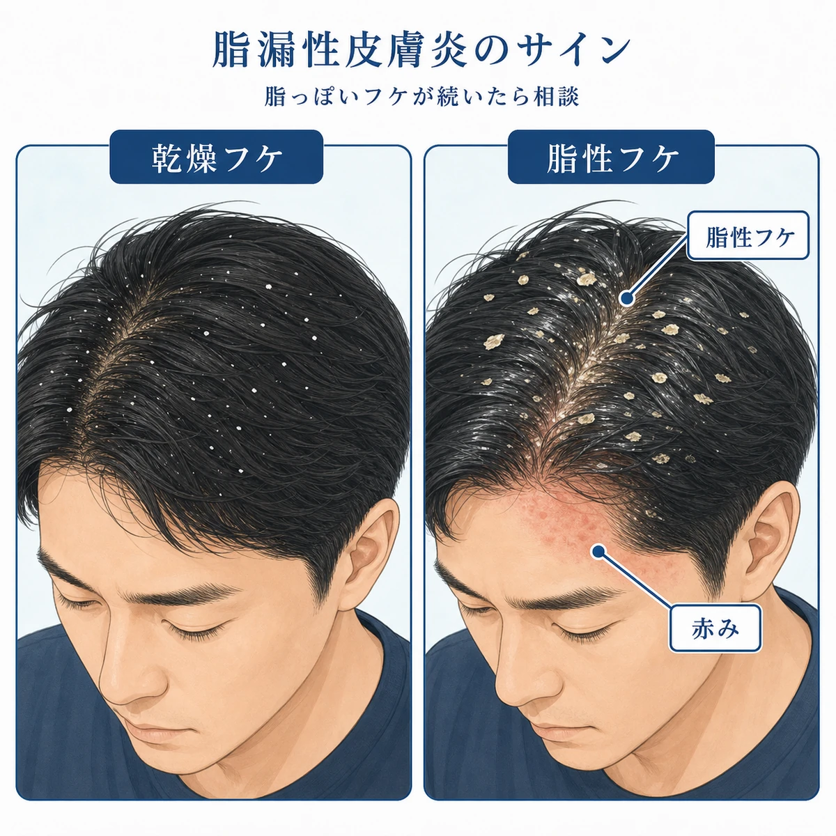 一般的なフケと脂漏性皮膚炎の頭皮の違いを表した医療イラスト