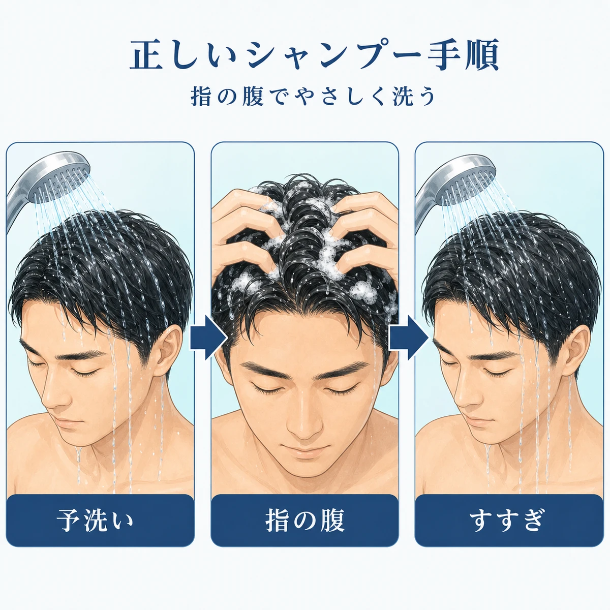 梅雨の頭皮を守る正しいシャンプーの手順を表した医療イラスト