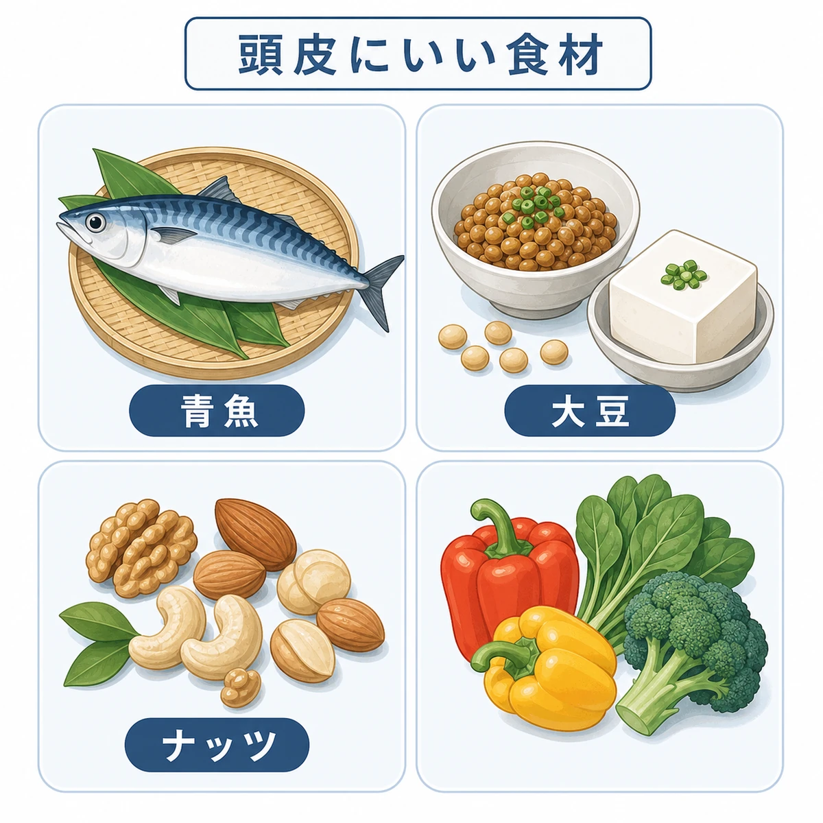 青魚や大豆製品などスーパーで買える頭皮にうれしい食材を並べた医療イラスト