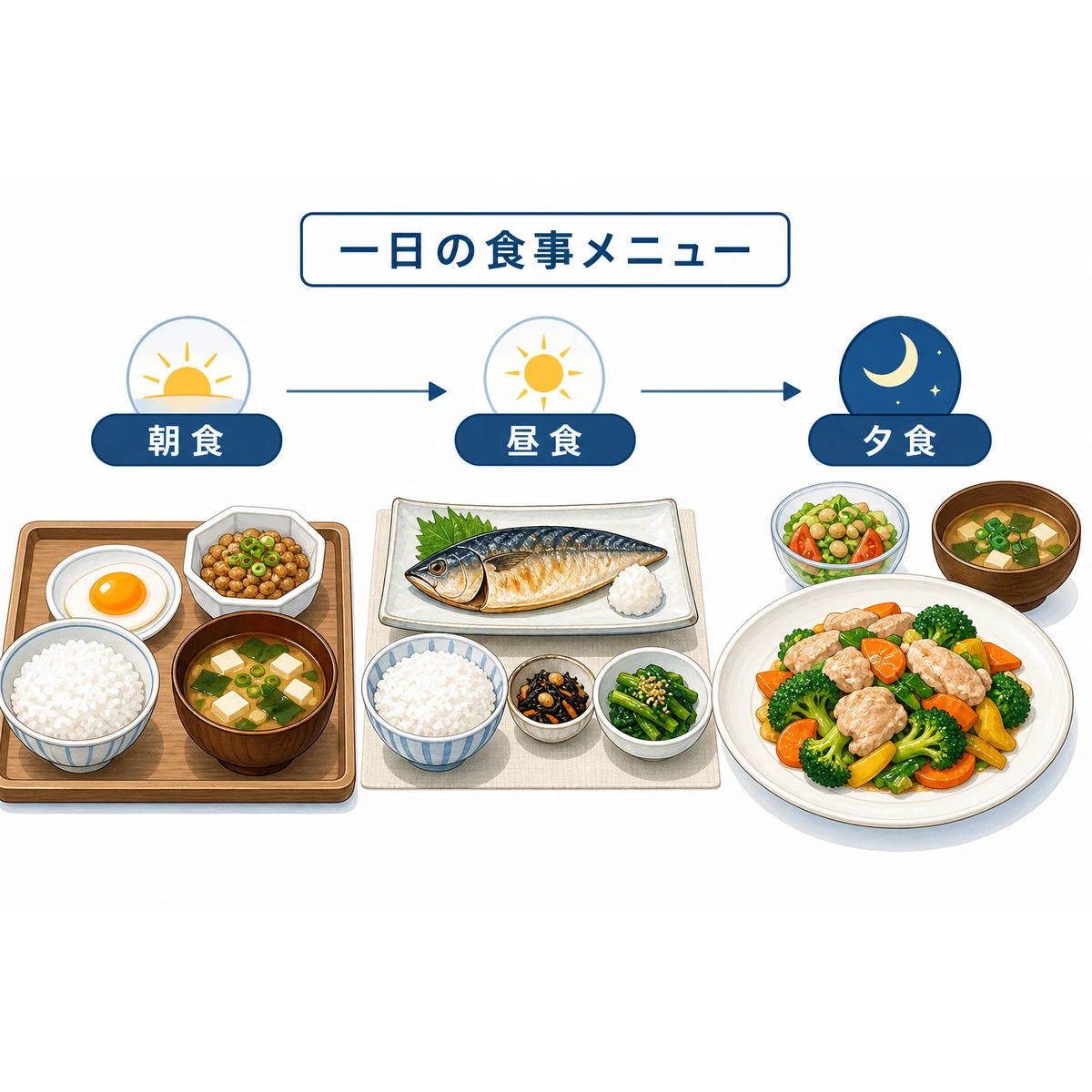 朝食から夕食まで血行を意識したおすすめ食事メニューを並べた医療イラスト