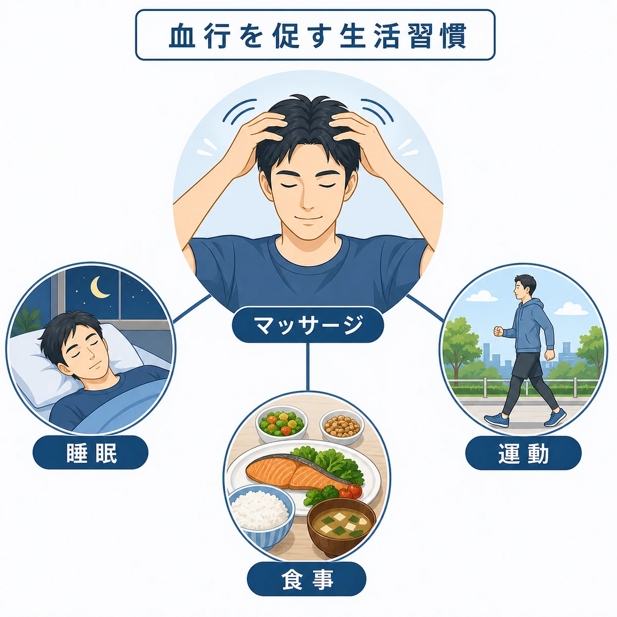 成人男性の頭皮マッサージや運動など血行を促す生活習慣を表した医療イラスト