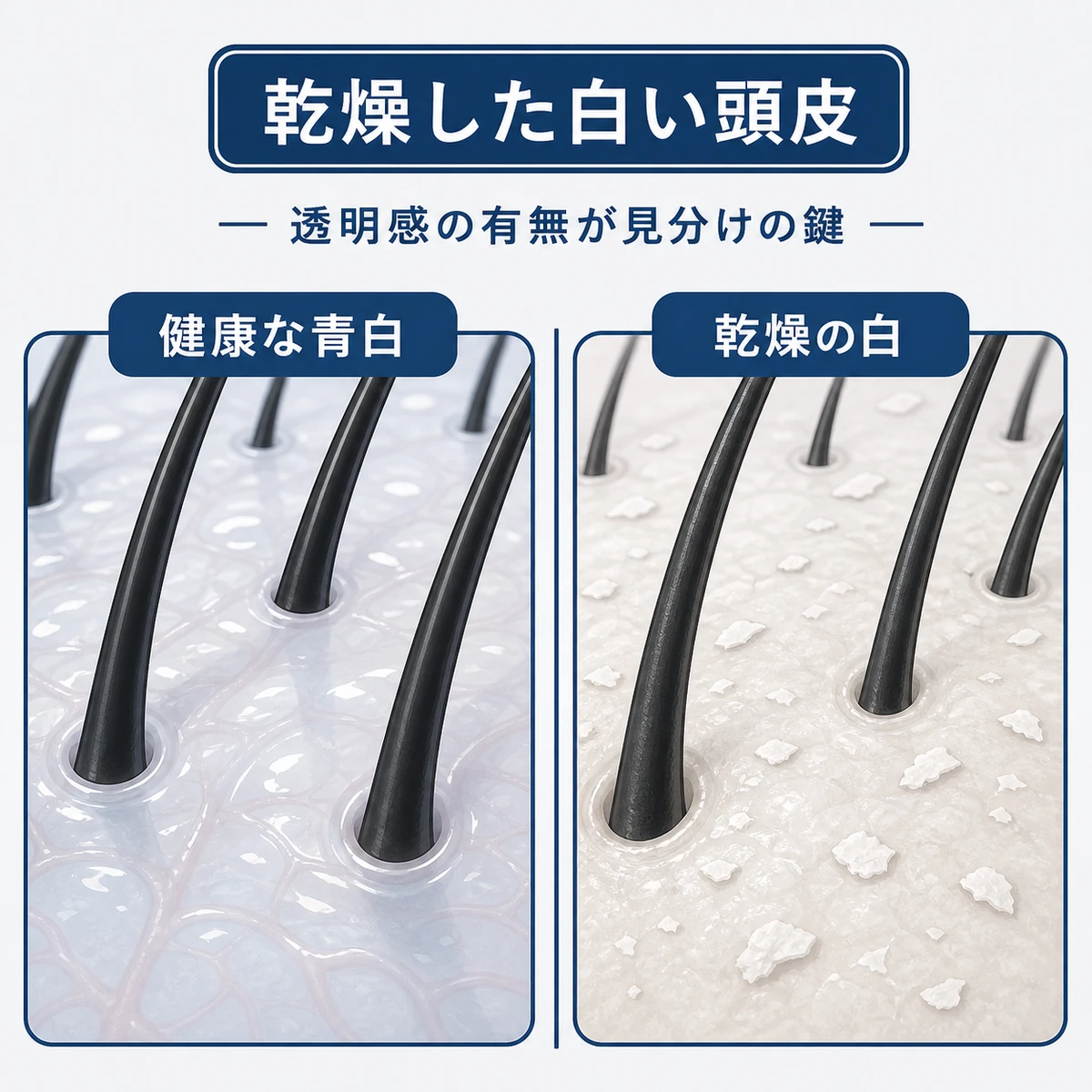 健康な青白い頭皮と乾燥した白い頭皮の質感の違いを比べた医療イラスト