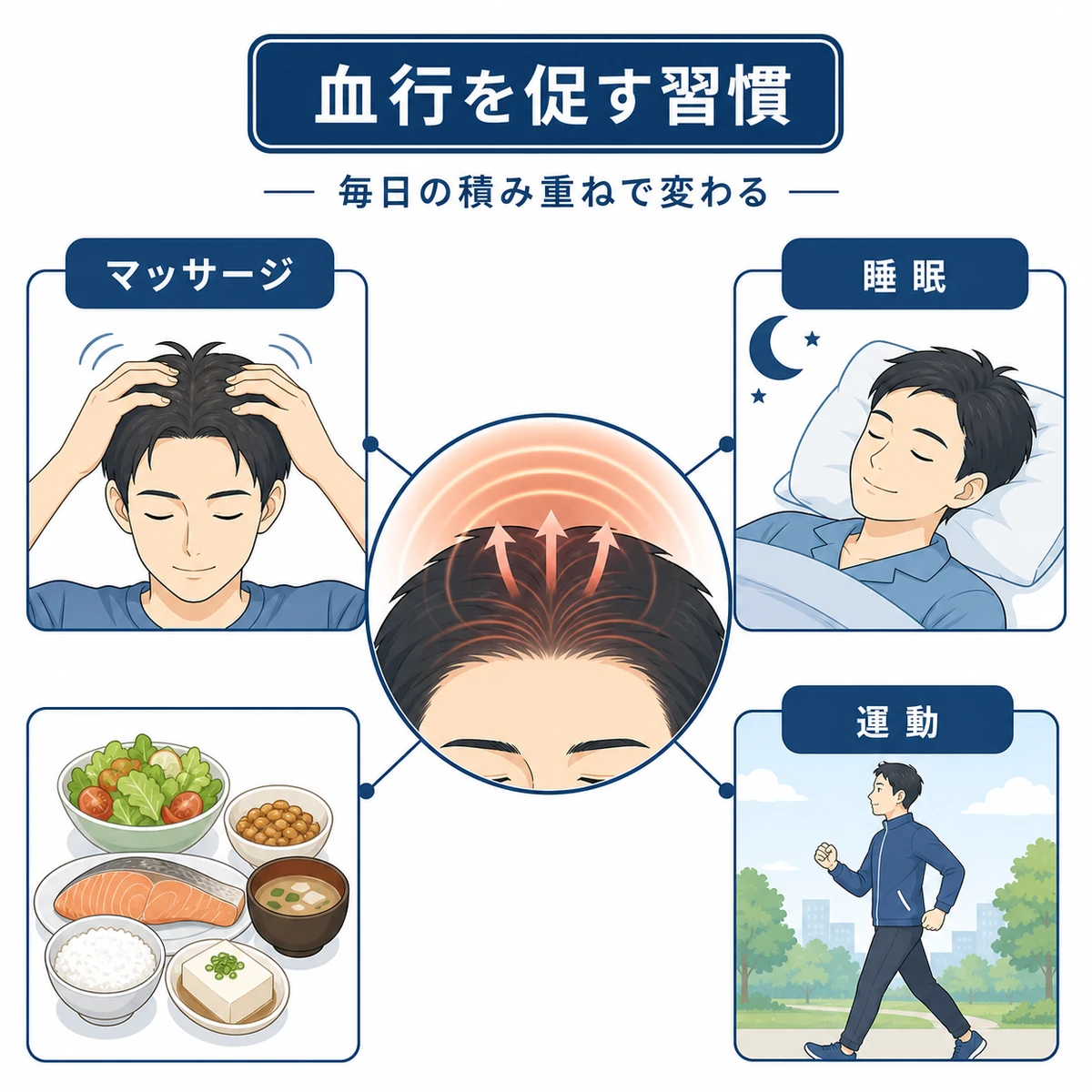 マッサージや睡眠・食事・運動で頭皮の血行を促す生活習慣をまとめた医療イラスト