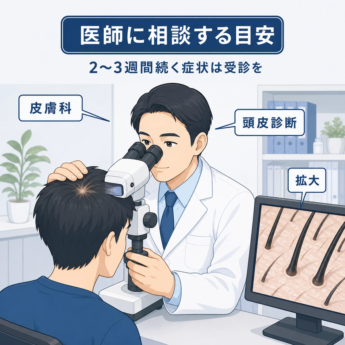 クリニックでマイクロスコープを使い頭皮を診断する医師と患者を描いた医療イラスト