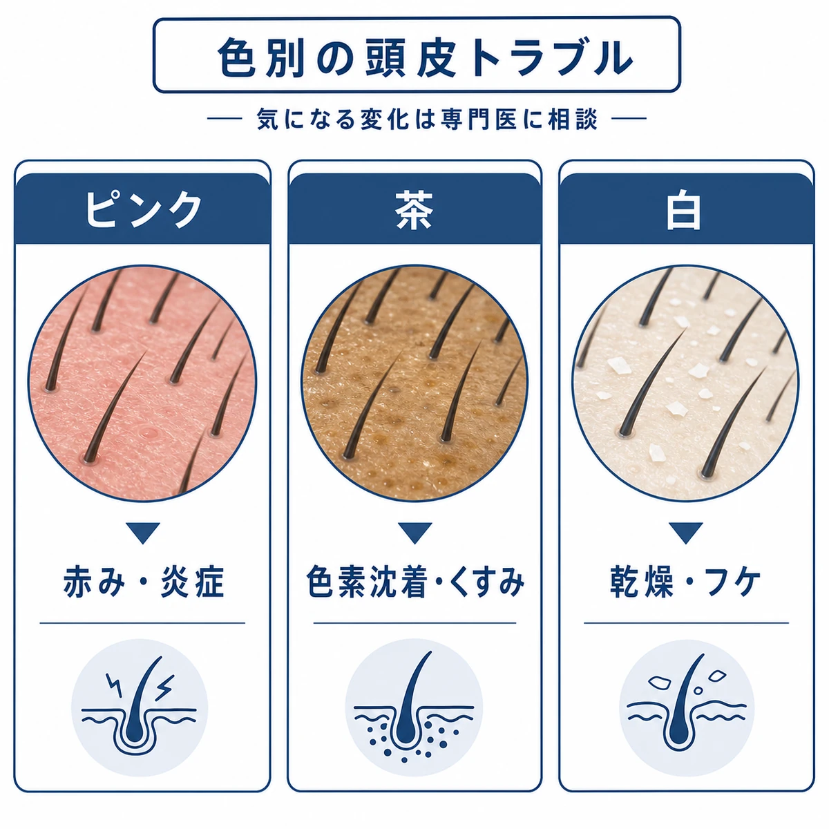 ピンクと茶色と白の頭皮を並べて色ごとの違いを表した医療イラスト