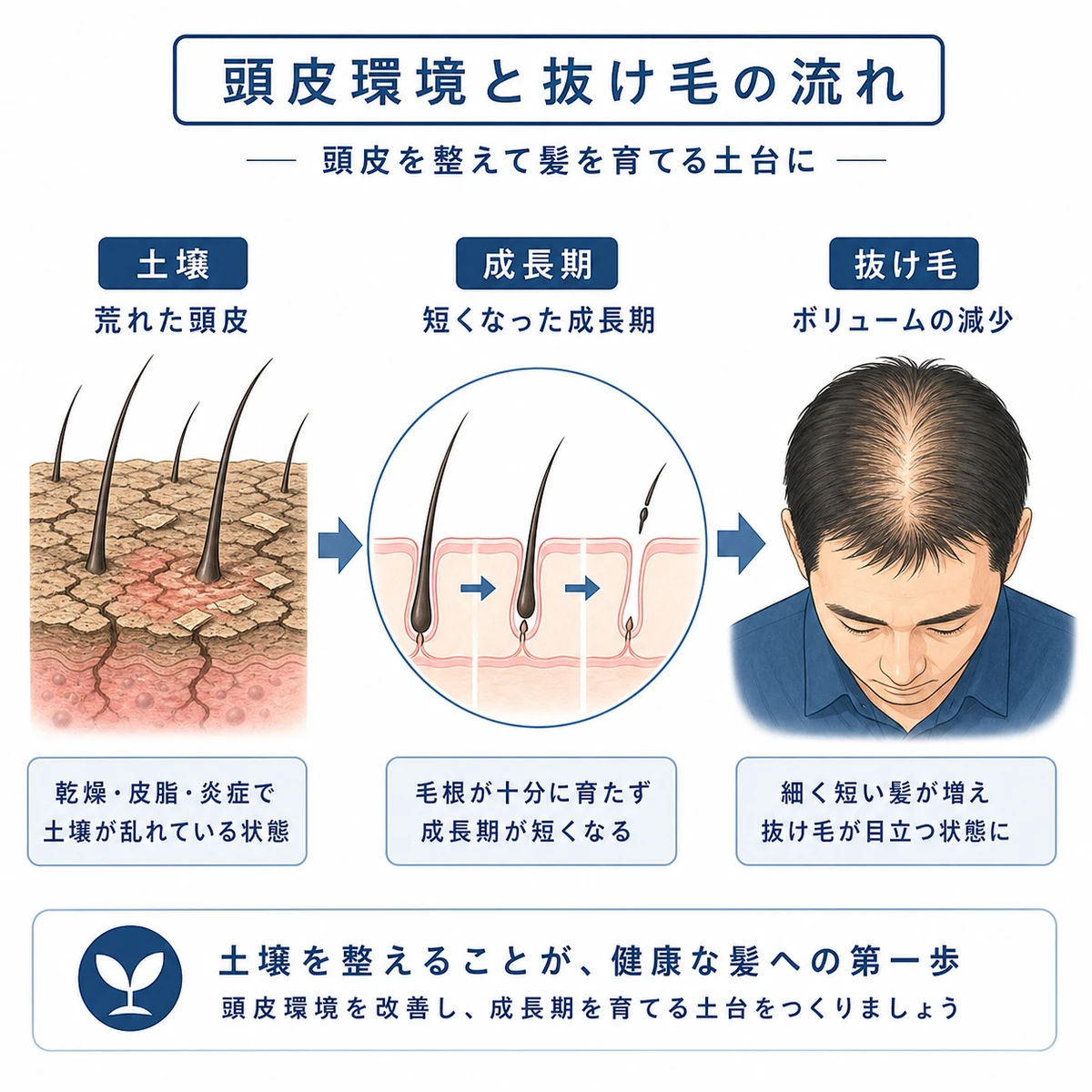 頭皮環境の乱れが成長期の短縮から抜け毛へつながる流れを示した医療イラスト