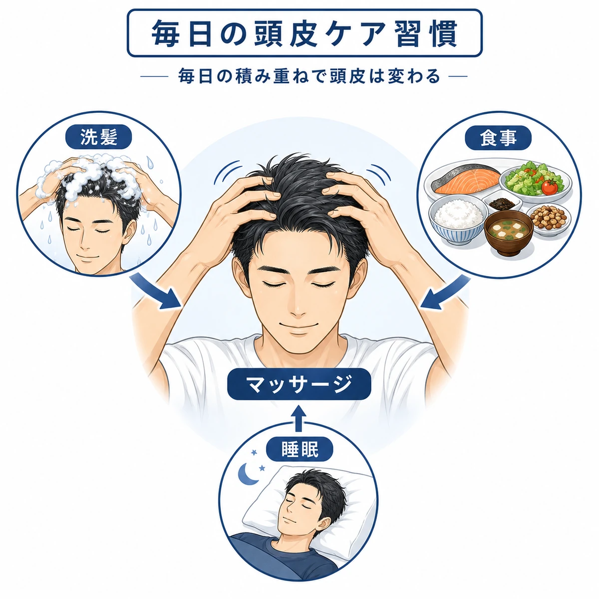 成人男性が頭皮をケアしながら毎日の習慣を整える様子を表した医療イラスト