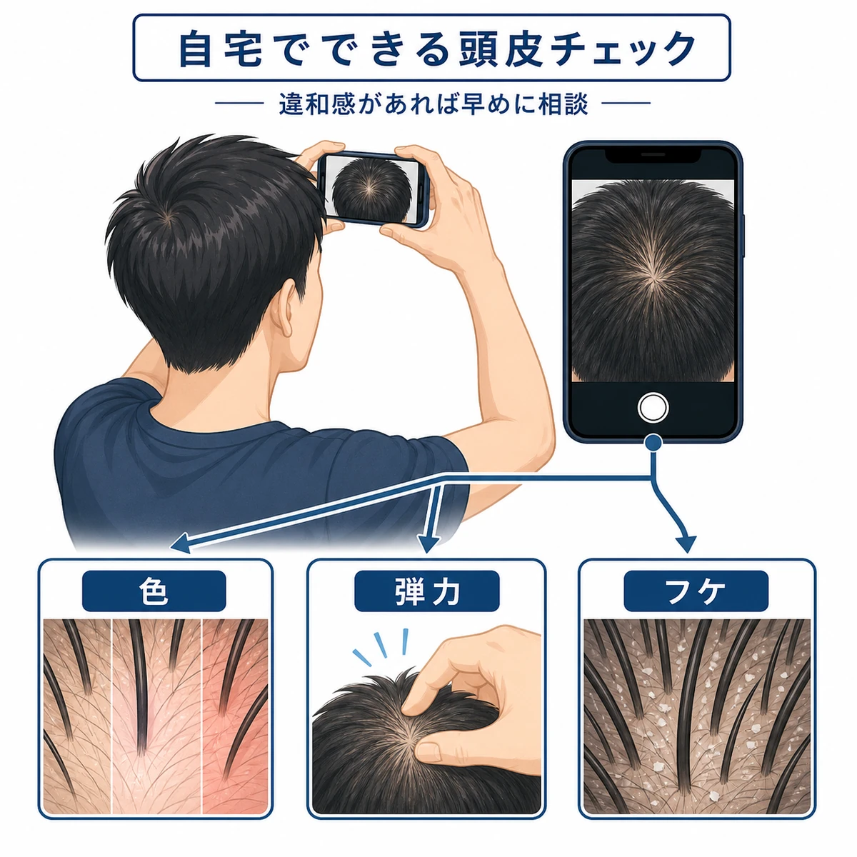 成人男性がスマートフォンで頭頂部を撮影し頭皮の状態を確かめる様子を表した医療イラスト